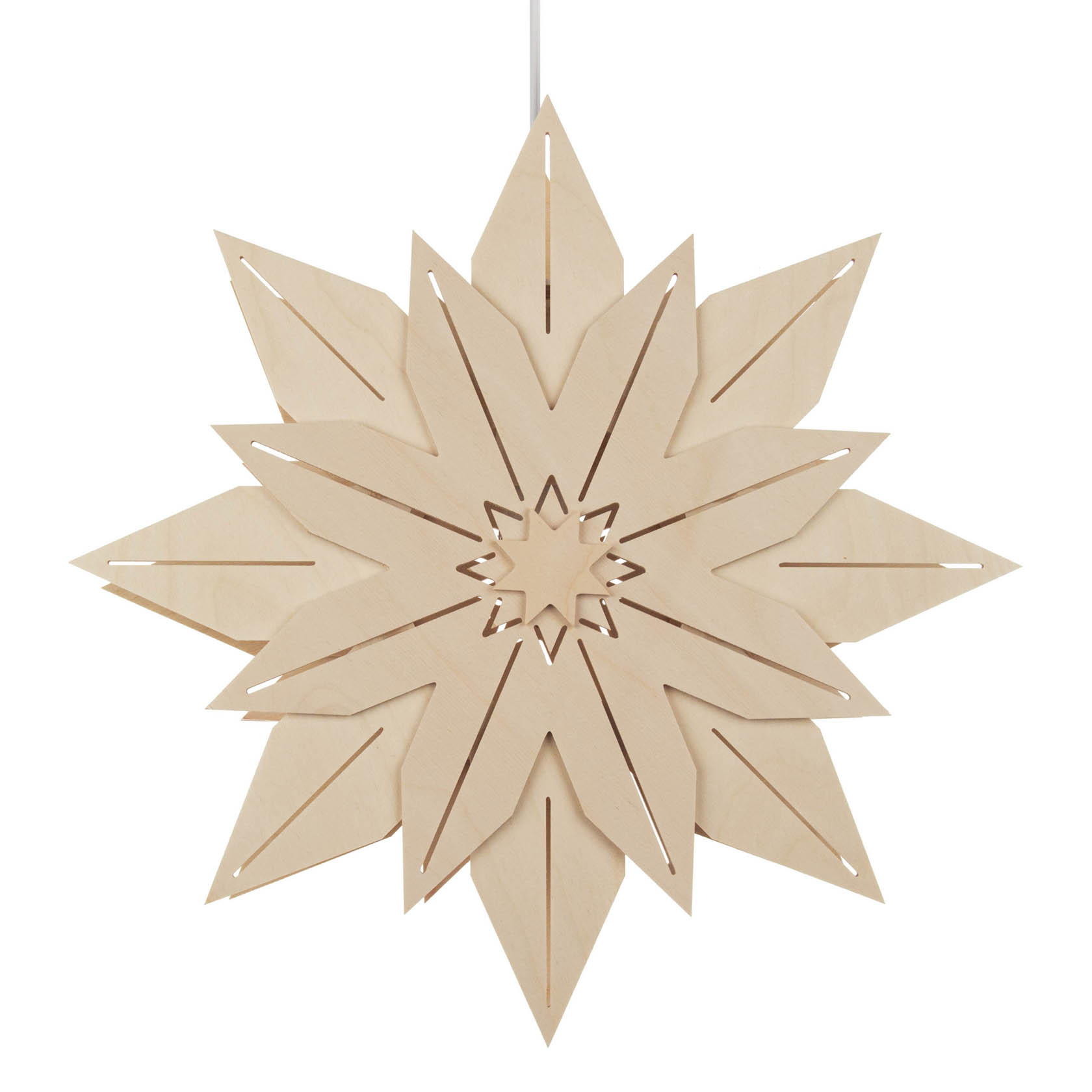 Ein natürlicher Weihnachtsstern aus Holz mit elektrischer Beleuchtung. Der Stern hat eine detaillierte, geschnitzte Form mit mehreren Zacken. im Dregeno Online Shop günstig kaufen