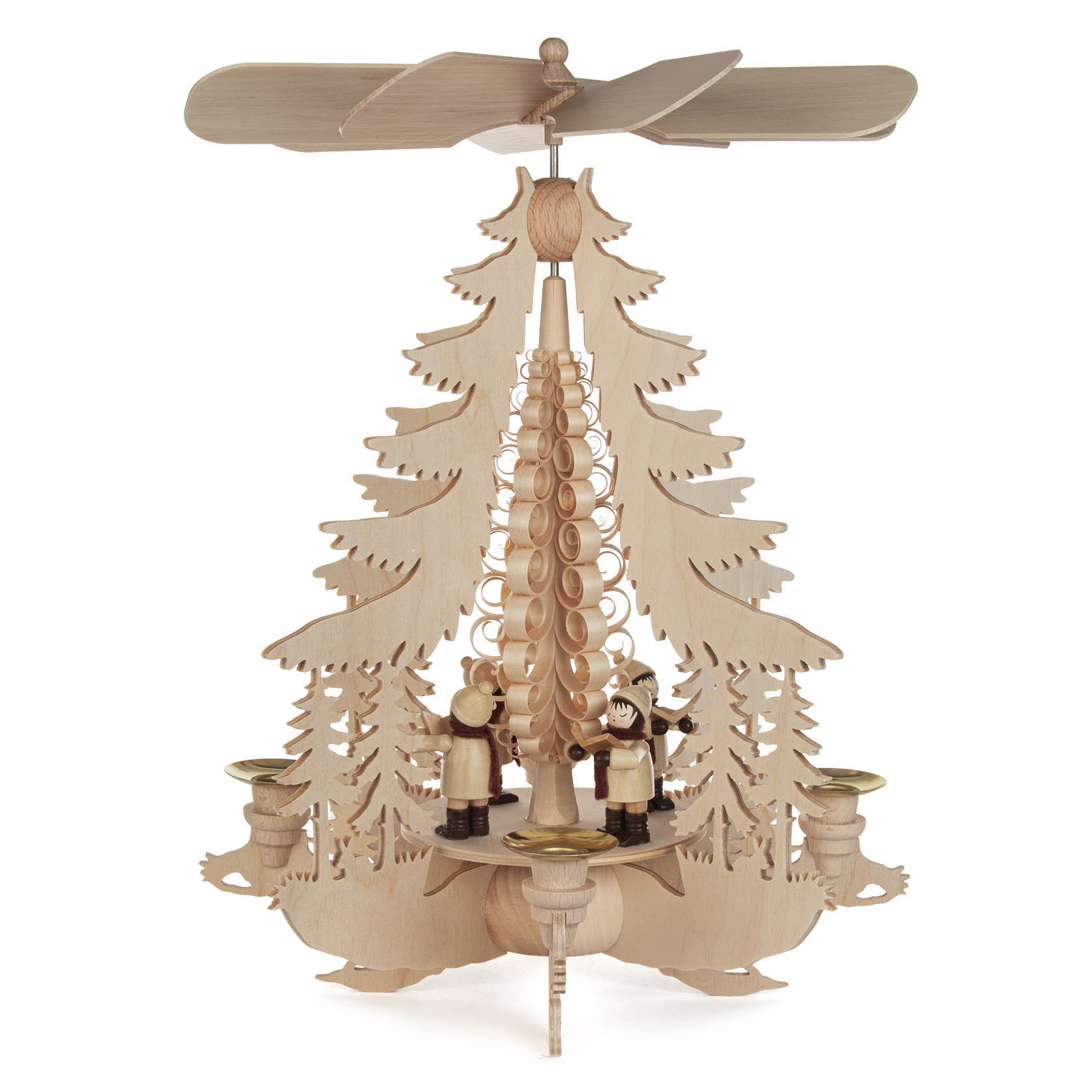 Holzpyramide mit Kurrende-Sängern und zentralem Baum, dekoriert mit Teelichthaltern für 14mm Kerzen. im Dregeno Online Shop günstig kaufen