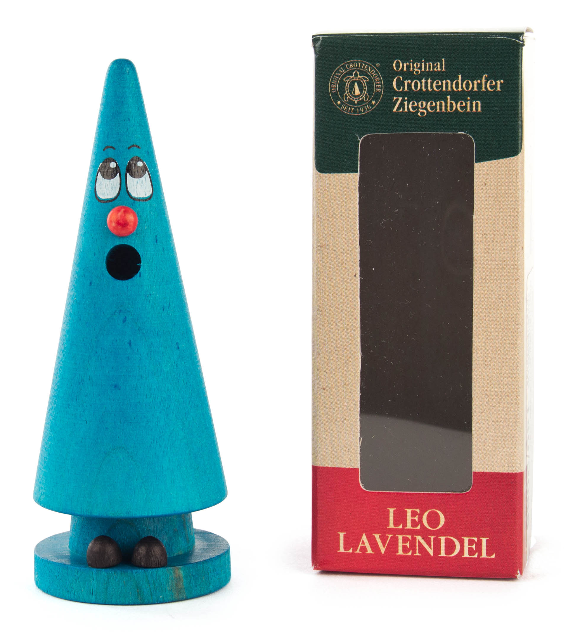 Eine blaue Räucherfigur in Form eines Kegels mit aufgemalten Augen und roter Nase. Daneben eine Schachtel mit der Aufschrift 'Leo Lavendel'.