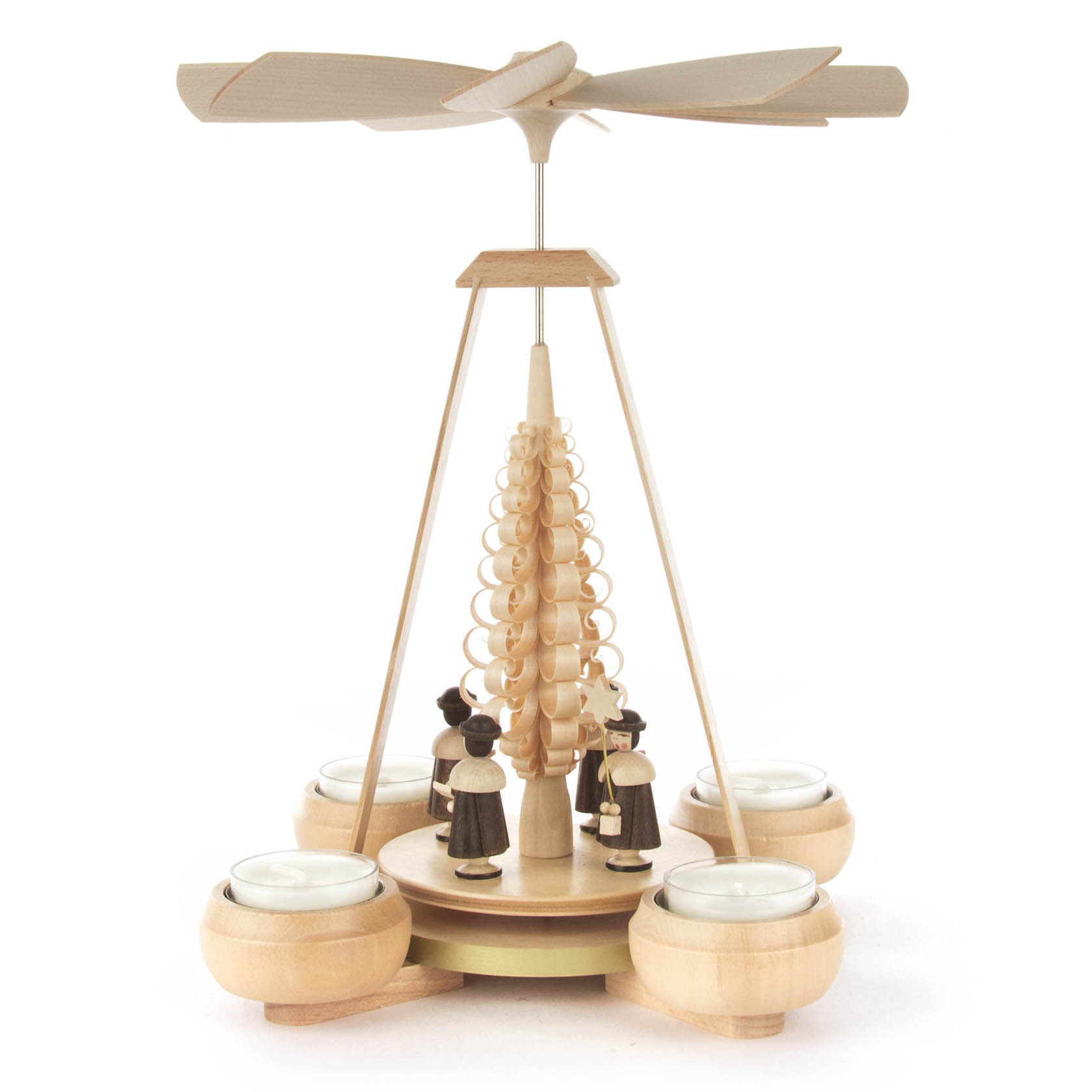 Holzpyramide mit drehenden Flügeln, darunter eine Kurrende von 4 Figuren. Um die Pyramide herum sind 4 Teelichthalter angeordnet. im Dregeno Online Shop günstig kaufen