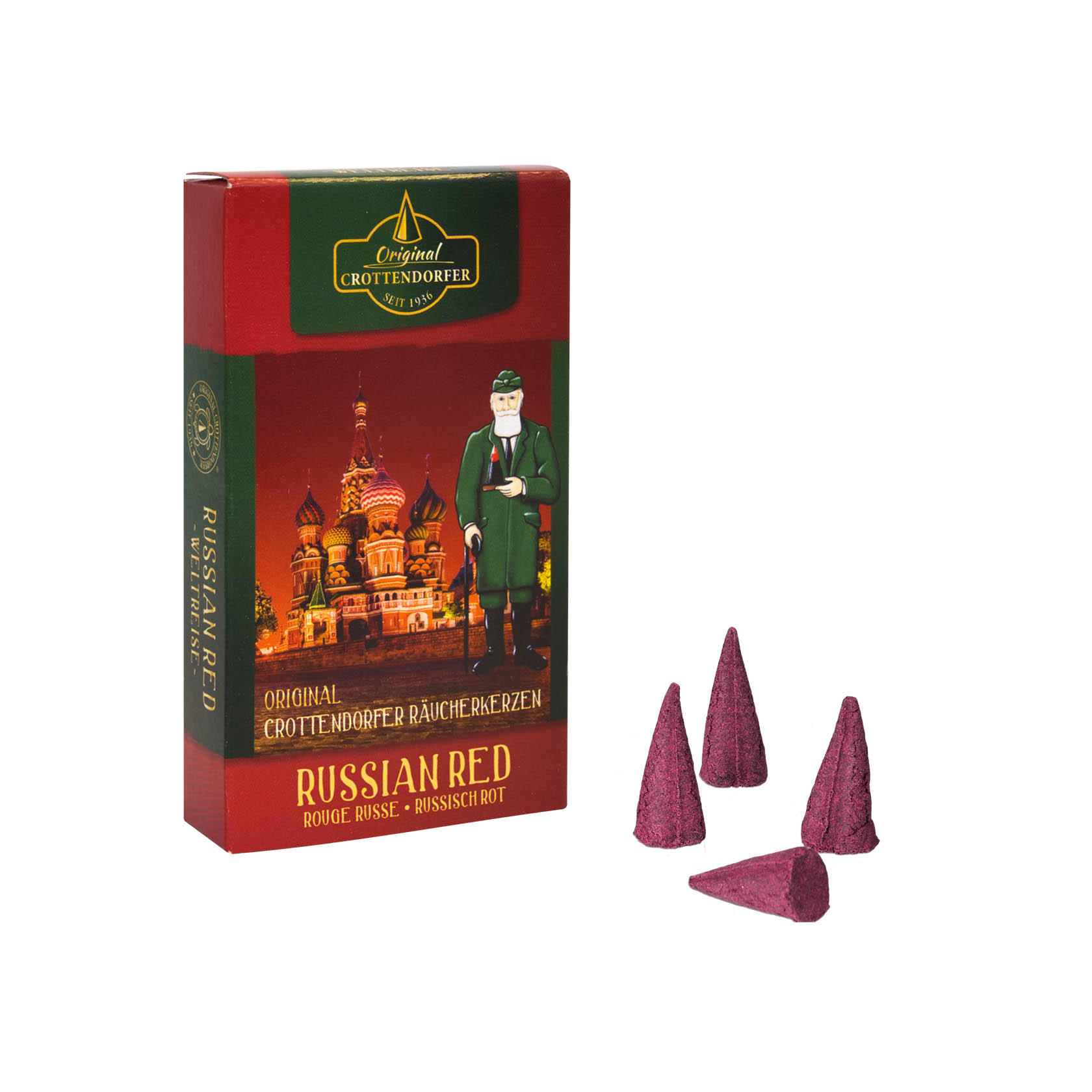 Eine Packung Crottendorfer Räucherkerzen der Sorte Russian Red, zusammen mit mehreren roten, teilweise angezündeten Räucherkerzen vor der Verpackung. im Dregeno Online Shop günstig kaufen