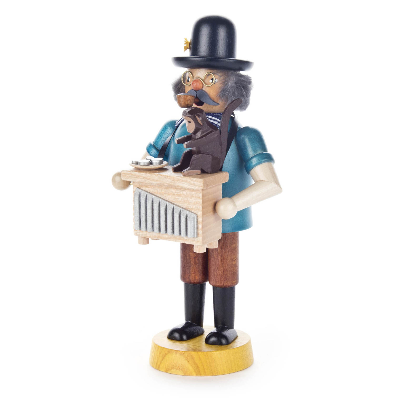 Holzfigur eines Leierkastenmannes mit Brille, schwarzem Hut und blauem Hemd, der eine Drehorgel trägt und eine Pfeife im Mund hat. im Dregeno Online Shop günstig kaufen