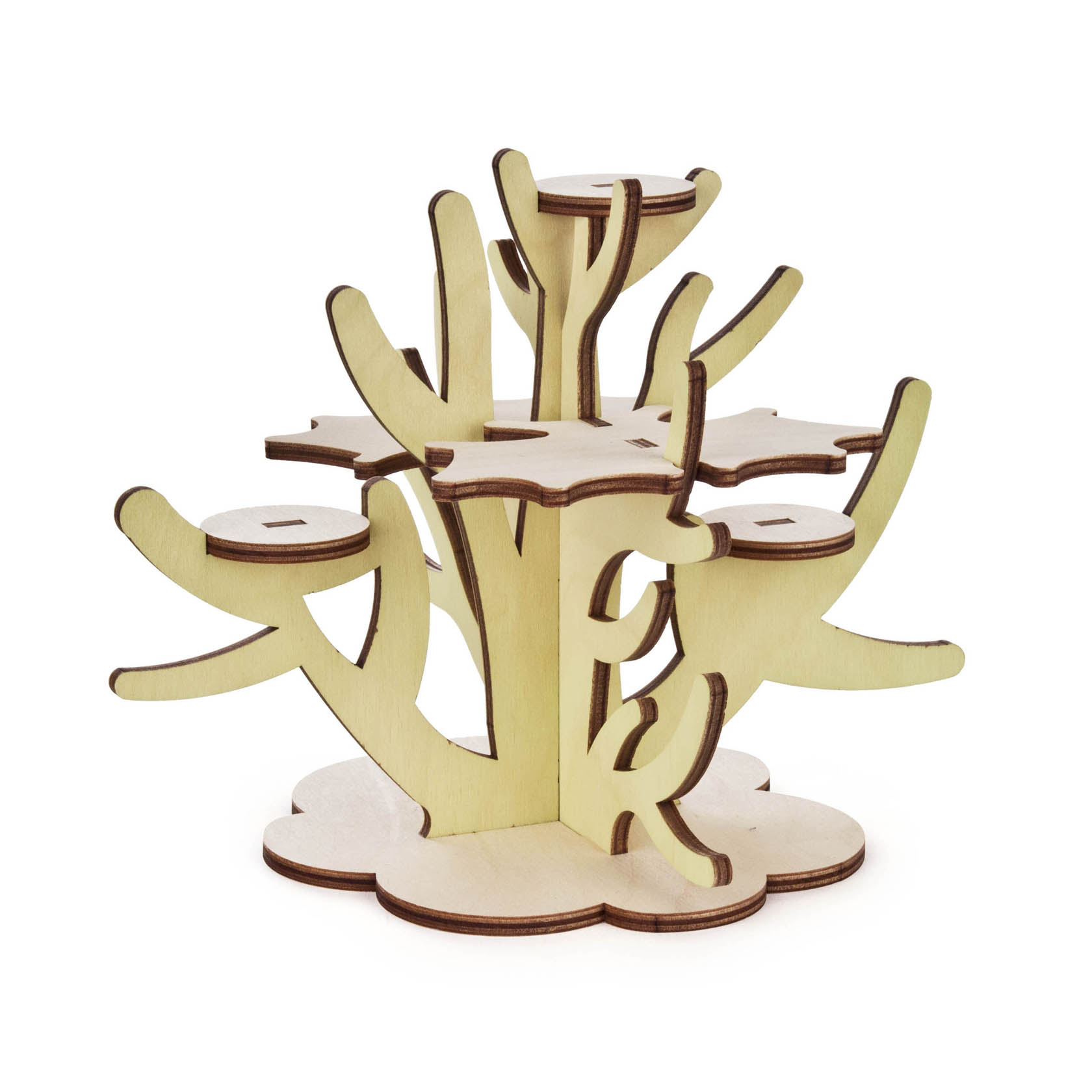 Holzstruktur, die an einen stilisierten Baum mit mehreren Plattformen erinnert, die als Sitzfläche für Mini-Eulen dienen könnten. im Dregeno Online Shop günstig kaufen