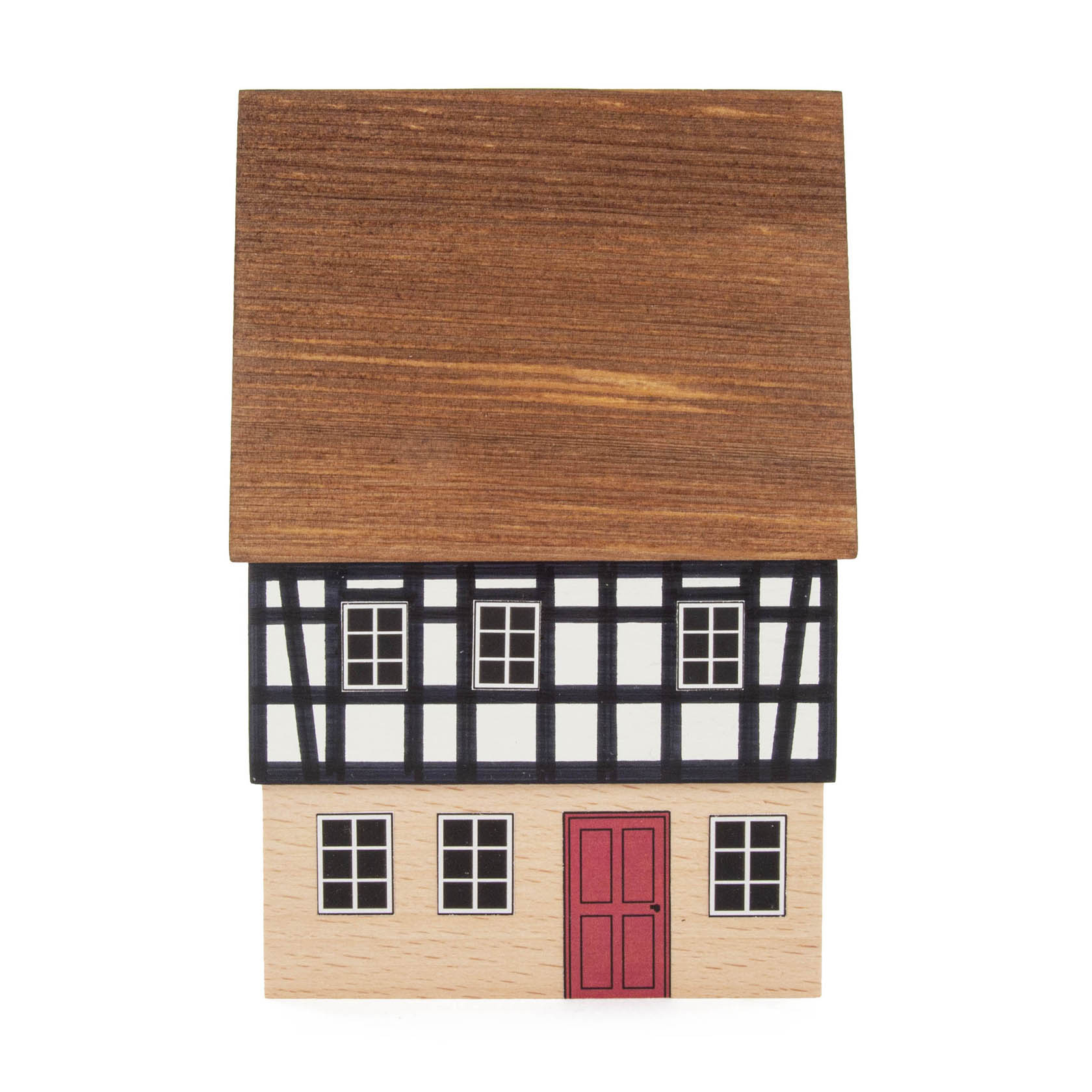 Handgefertigtes, traditionelles Fachwerk-Traufhaus aus Holz, mit roter Tür und schwarzen Fenstern. im Dregeno Online Shop günstig kaufen