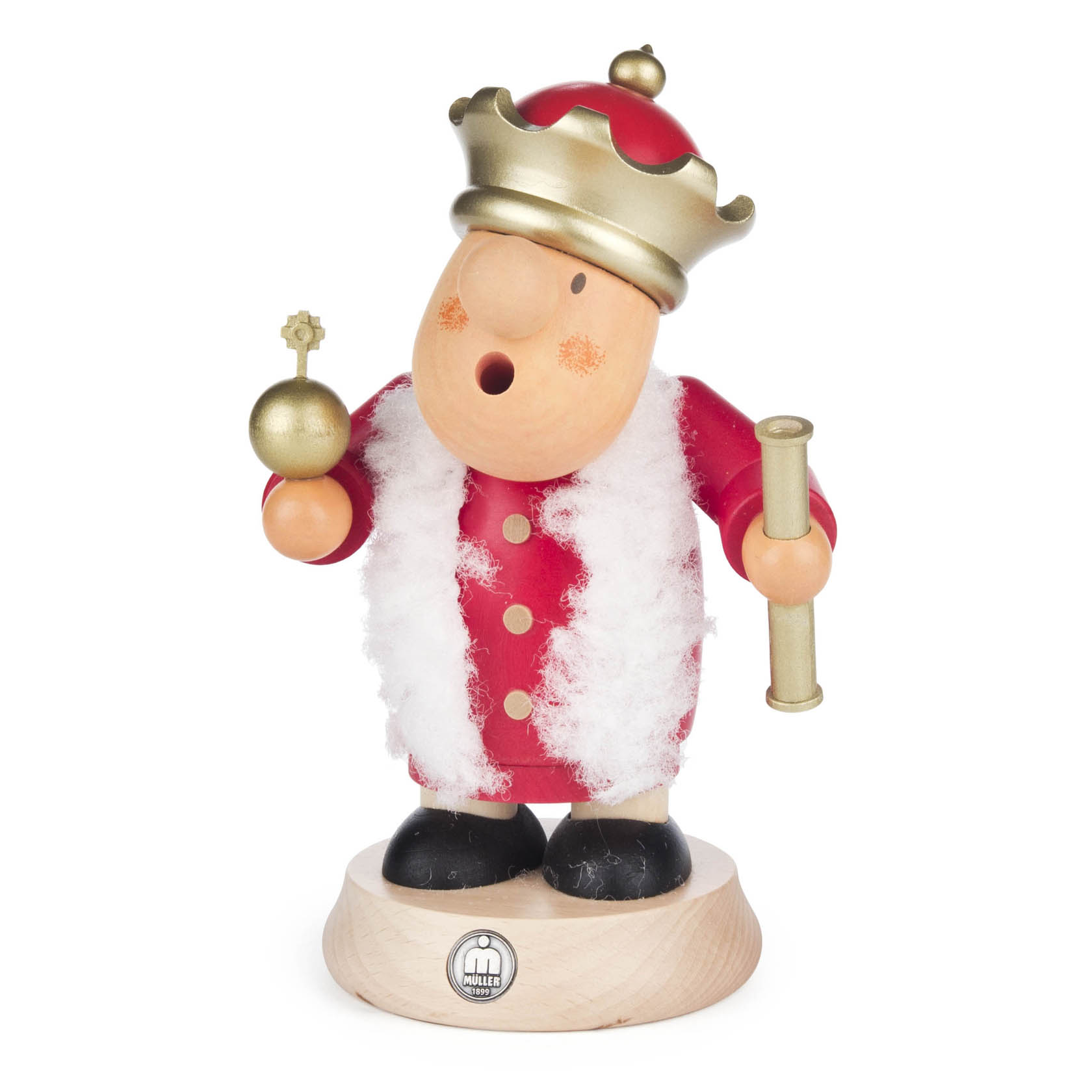 A wooden smoking figure of a king, dressed in red with a faux fur cape, holding a gold scepter and scroll. It has a golden crown and is mounted on a base. im Dregeno Online Shop günstig kaufen