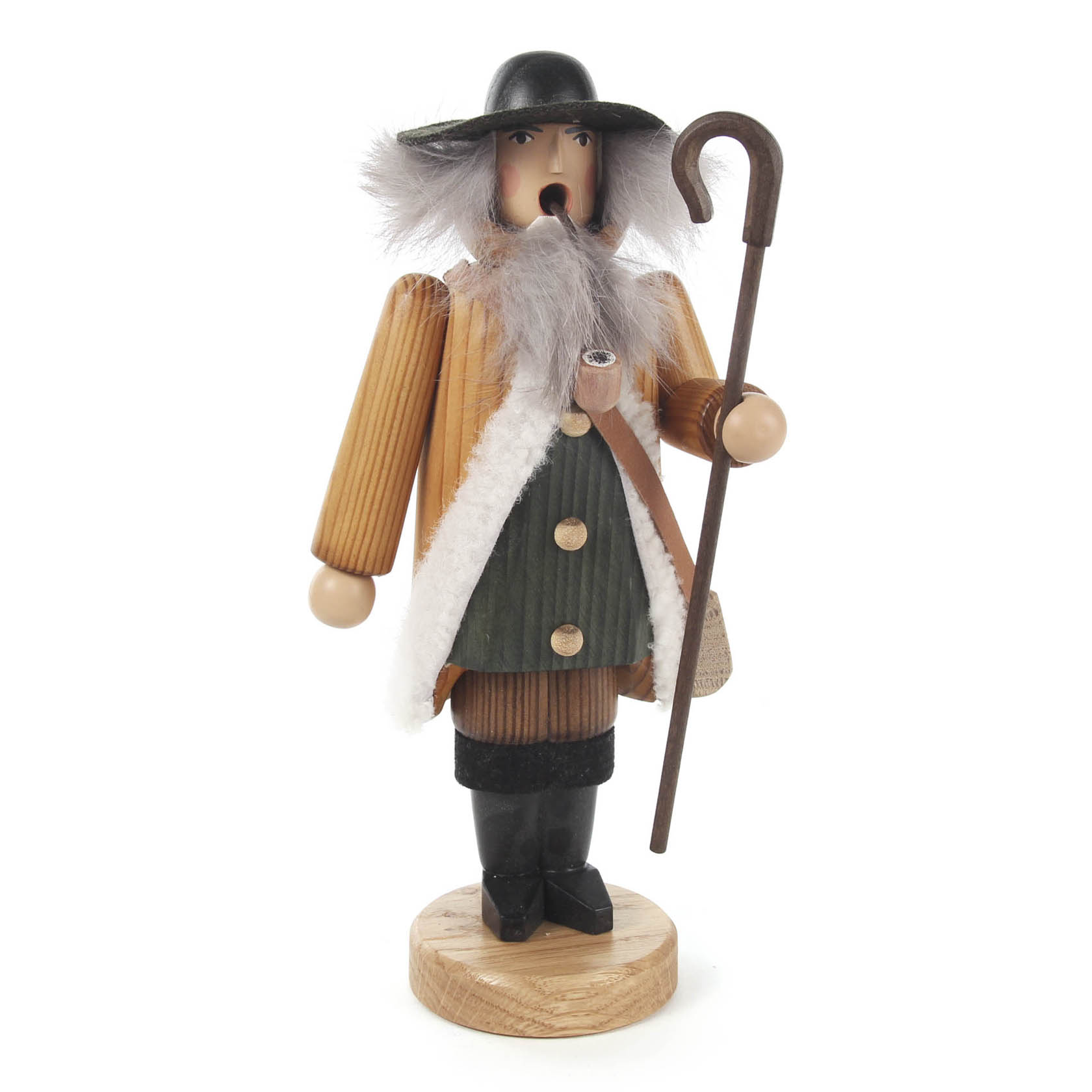 Räuchermann in der Form eines Schäfers mit schwarzem Hut, braunem Mantel, weißem Bart und einem Schäferstab. im Dregeno Online Shop günstig kaufen