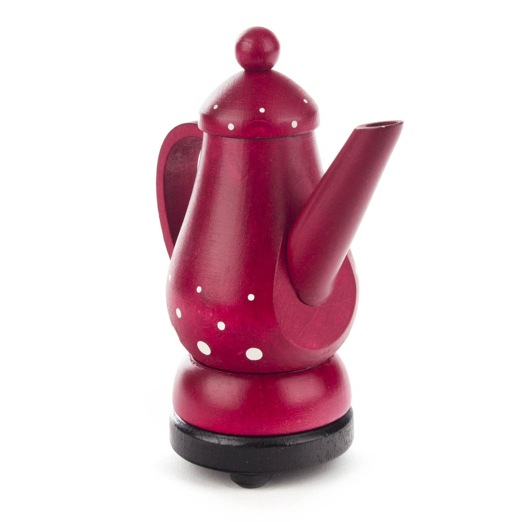 Rote Räucherfigur in Form einer Kaffeekanne mit weißen Punkten und schwarzem Sockel im Dregeno Online Shop günstig kaufen