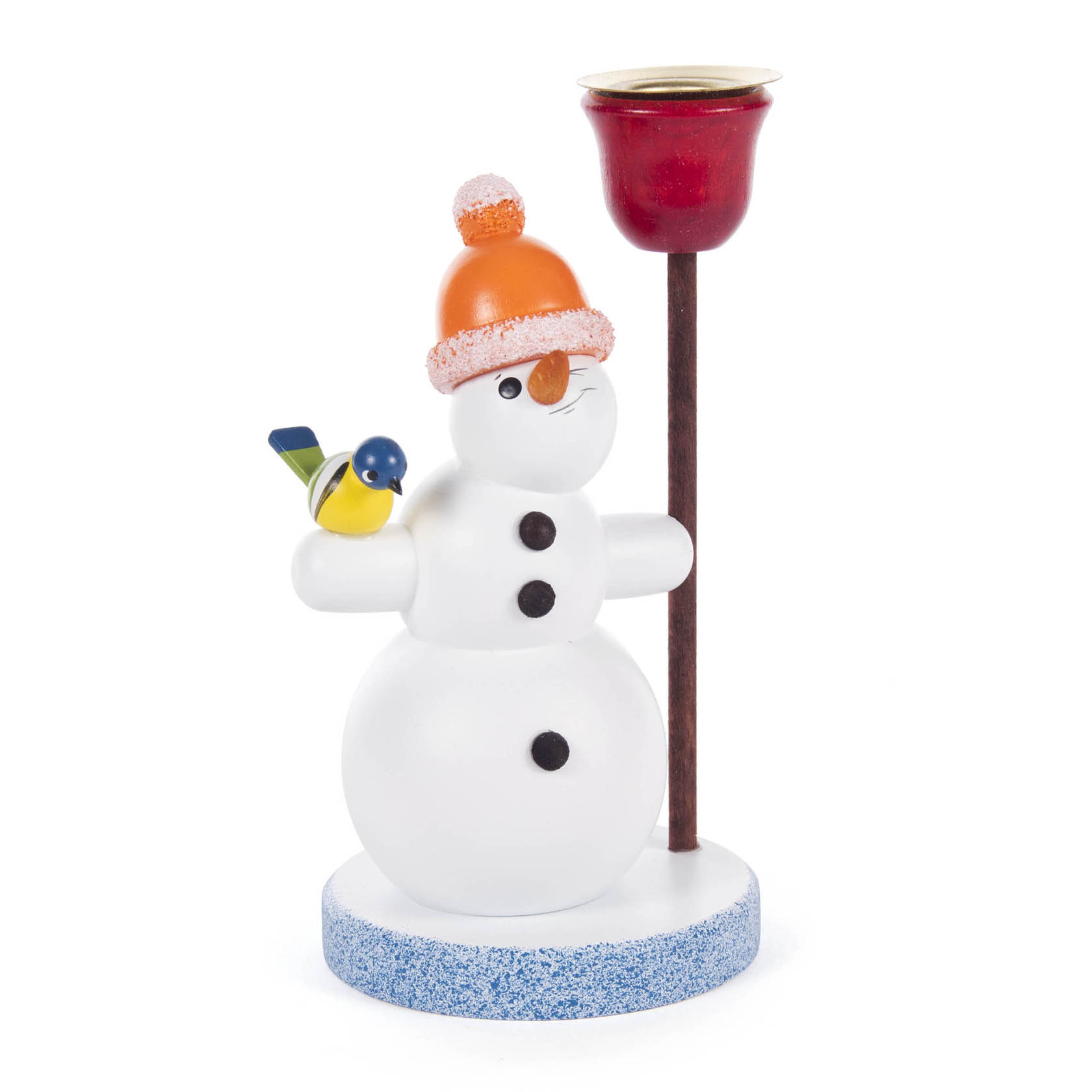 Schneemann mit orangener Pudelmütze, Kerzenhalter, blauen Knöpfen und gelblauem Vögelchen auf seiner Arm, für Kerze d=14mm. im Dregeno Online Shop günstig kaufen