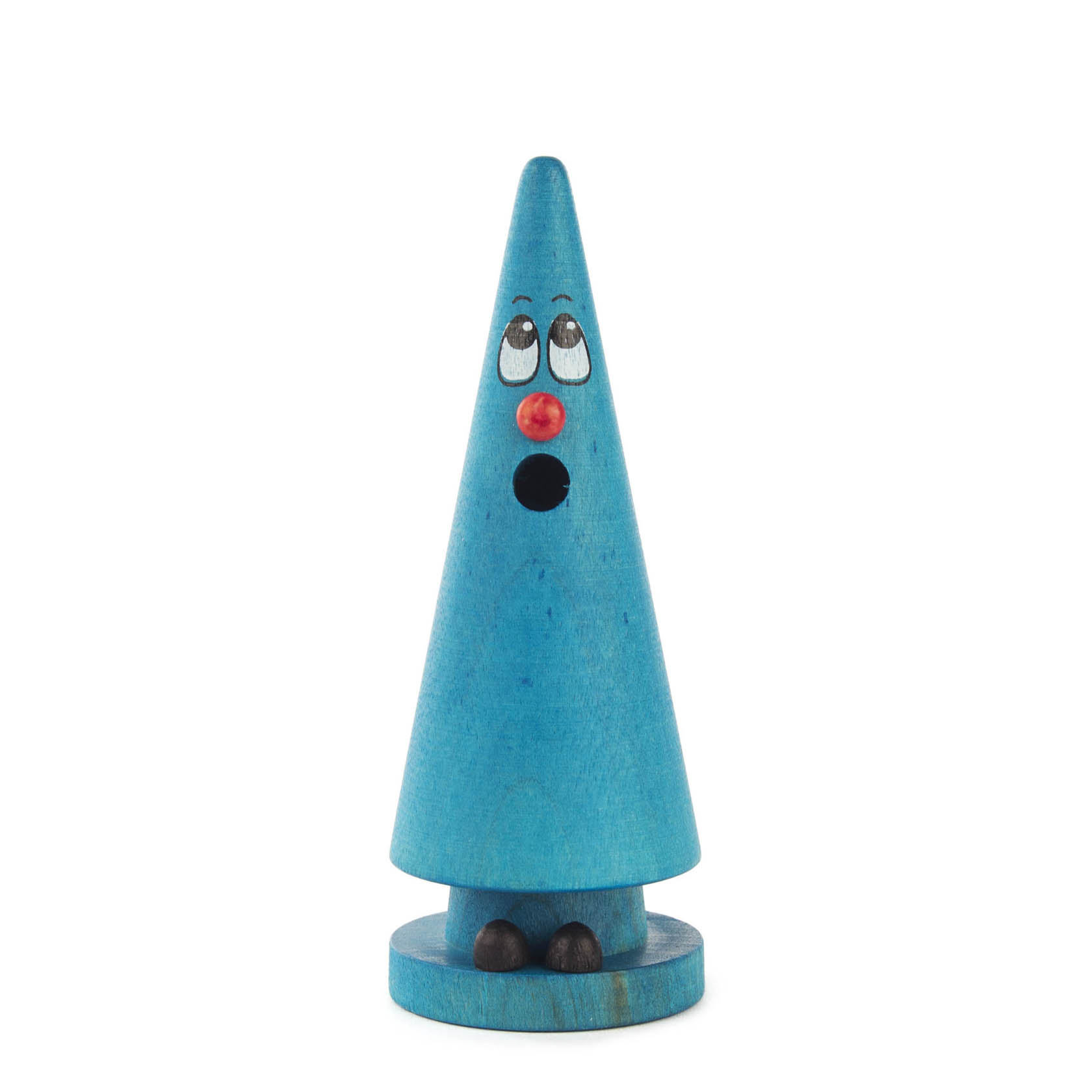 Holzräucherfigur in Form eines blauen Kegels mit aufgemaltem Gesicht, roten Nase, schwarzem Mund und kleinen Füßen auf rundem Sockel. im Dregeno Online Shop günstig kaufen