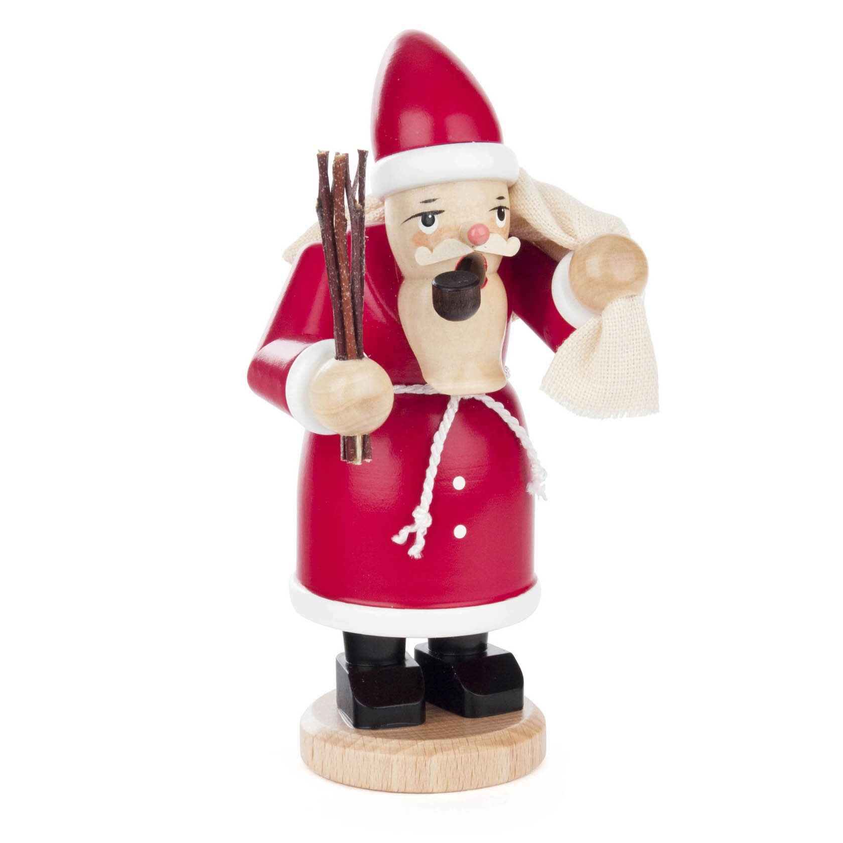 Ein hölzerner Mini-Räuchermann in Form eines Weihnachtsmannes mit rotem Mantel, weißem Bart und Mütze. Er hält einen Besen in der rechten Hand. im Dregeno Online Shop günstig kaufen