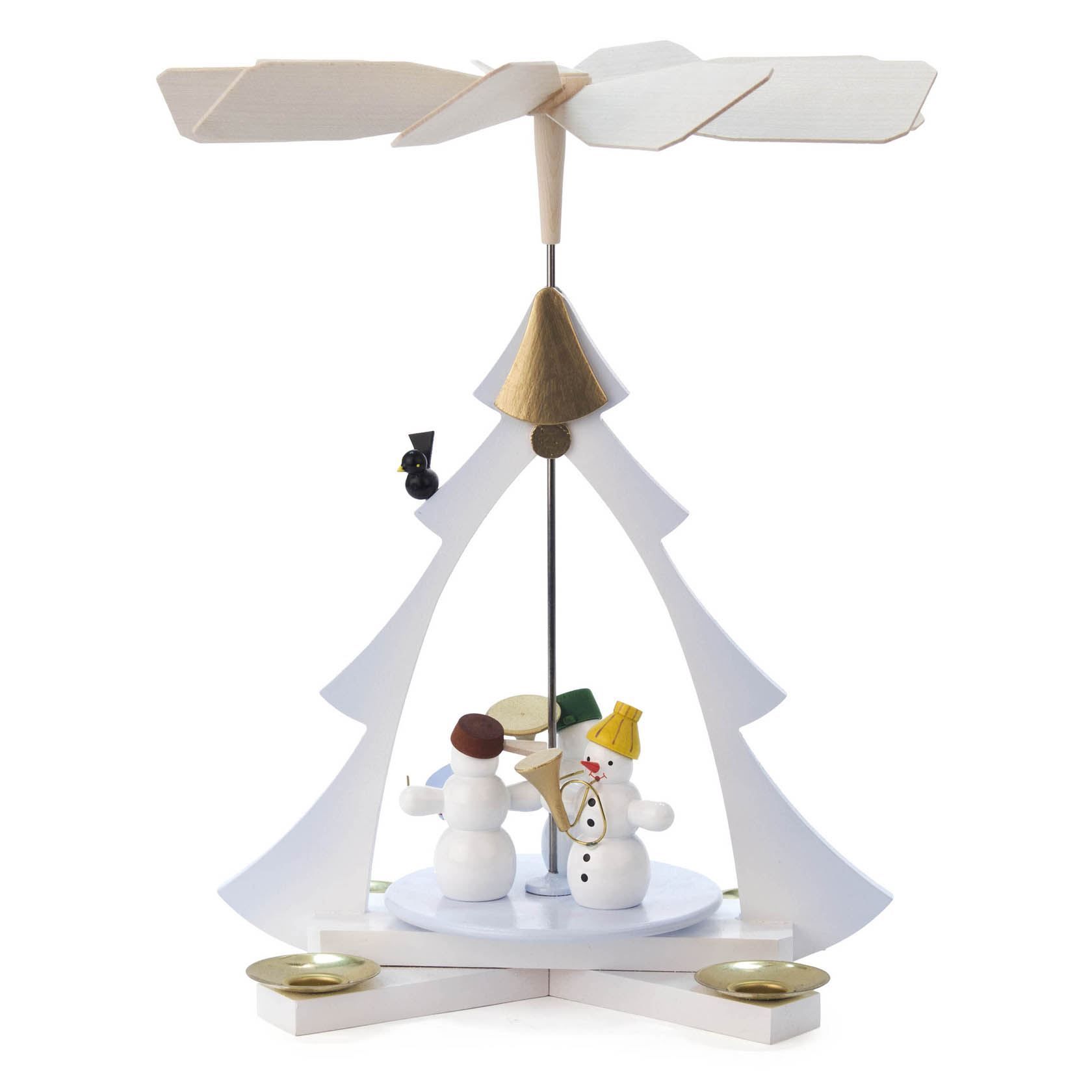 Holzpyramide in Form eines Tannenbaums mit drei farbigen Schneemännern und Platz für Kerzen, angetrieben durch Wärmeantrieb. im Dregeno Online Shop günstig kaufen