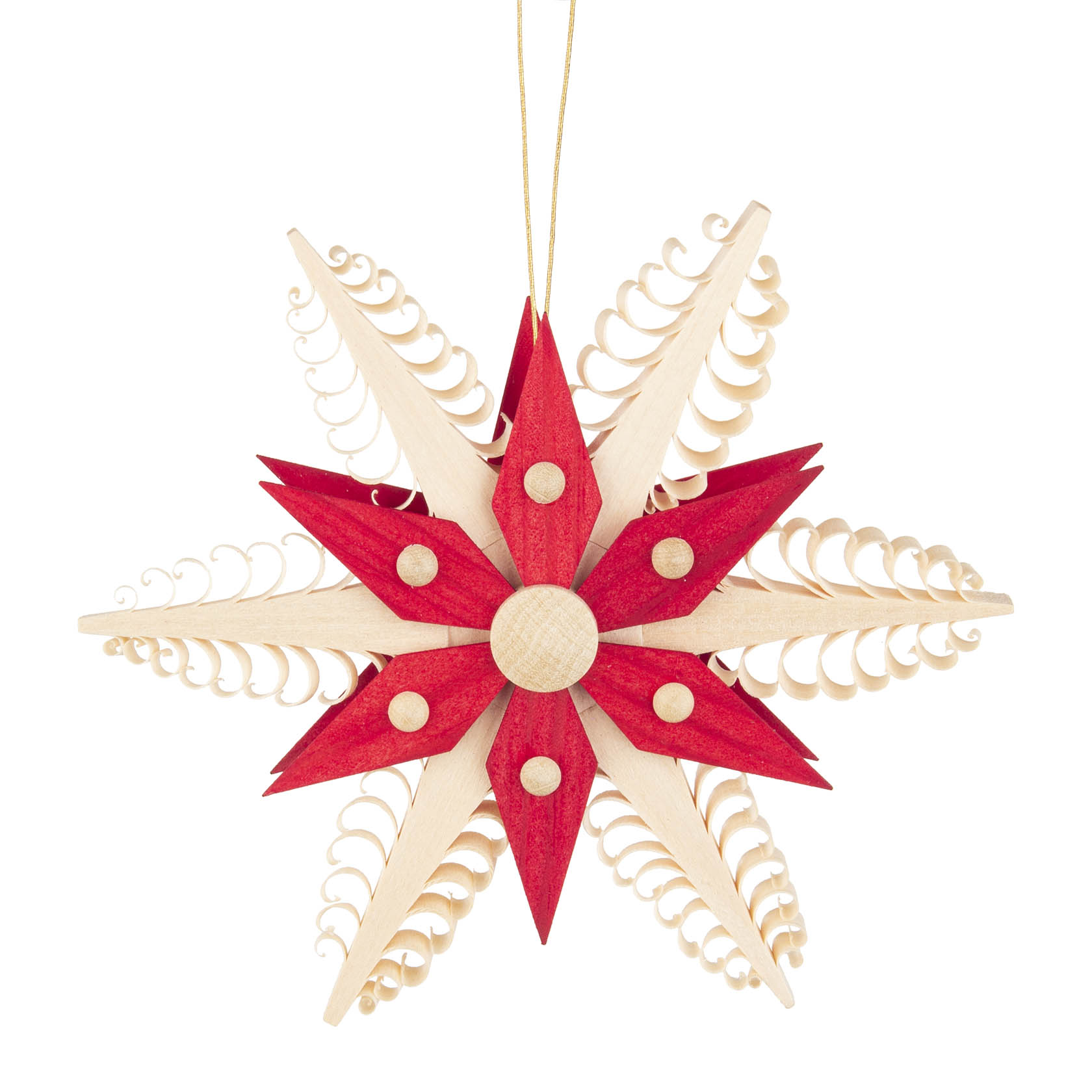 Dekorativer Spanstern aus Holz mit roten und naturfarbenen Elementen, spiralförmige Verzierungen an den Spitzen, zum Aufhängen. im Dregeno Online Shop günstig kaufen