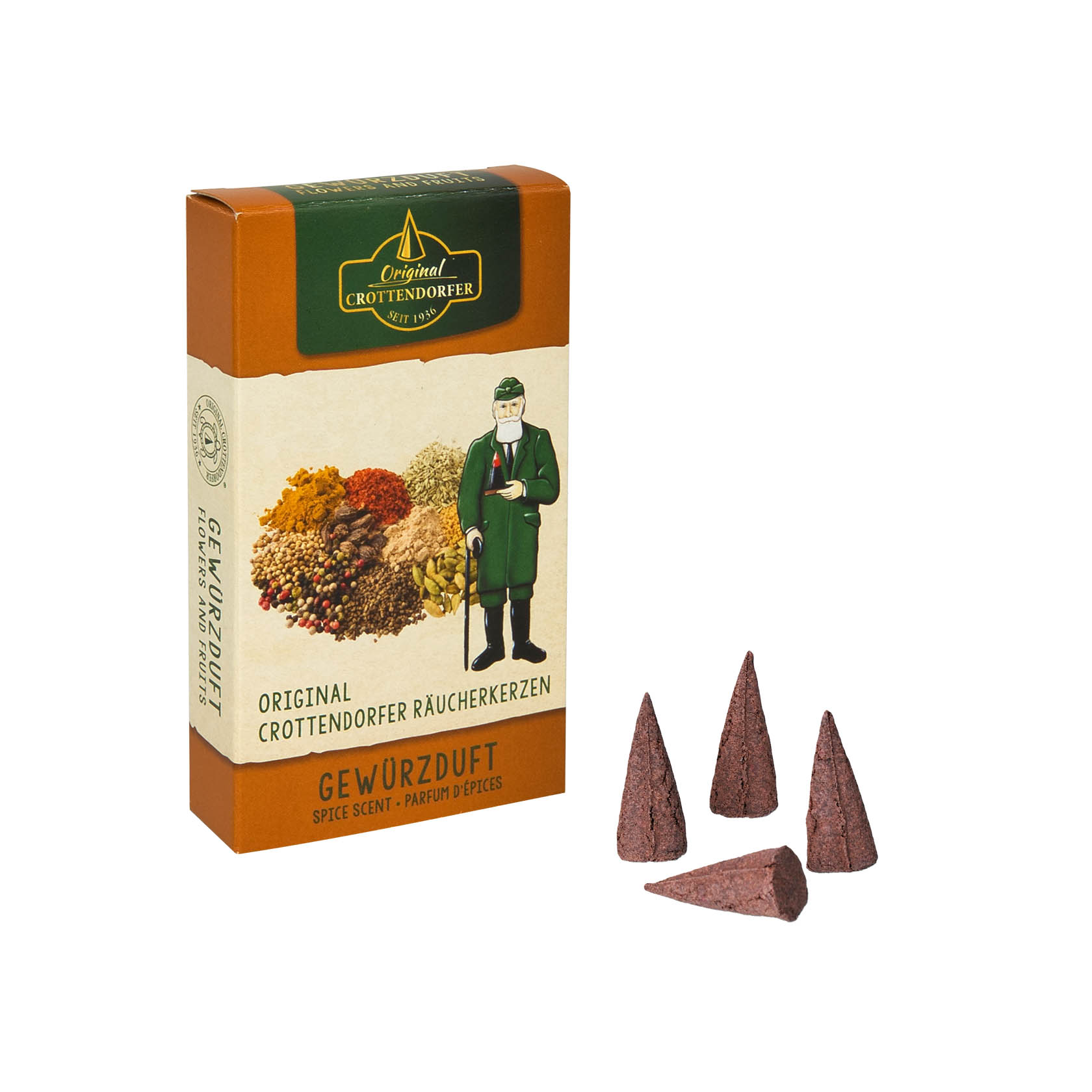 Verpackung von Crottendorfer Räucherkerzen mit der Aufschrift 'Gewürzduft' und vier Räucherkerzenkegel, von denen einer raucht. im Dregeno Online Shop günstig kaufen