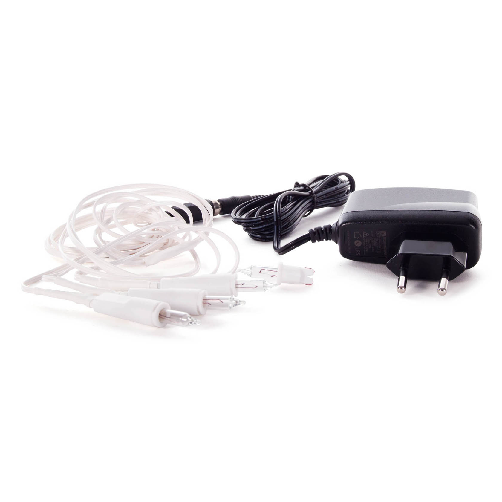 Ein Netzteil mit 6V/300mA-Ausgang verbunden mit transparenten Kabeln zur Stromversorgung von drei sternförmigen Lichteinheiten. im Dregeno Online Shop günstig kaufen
