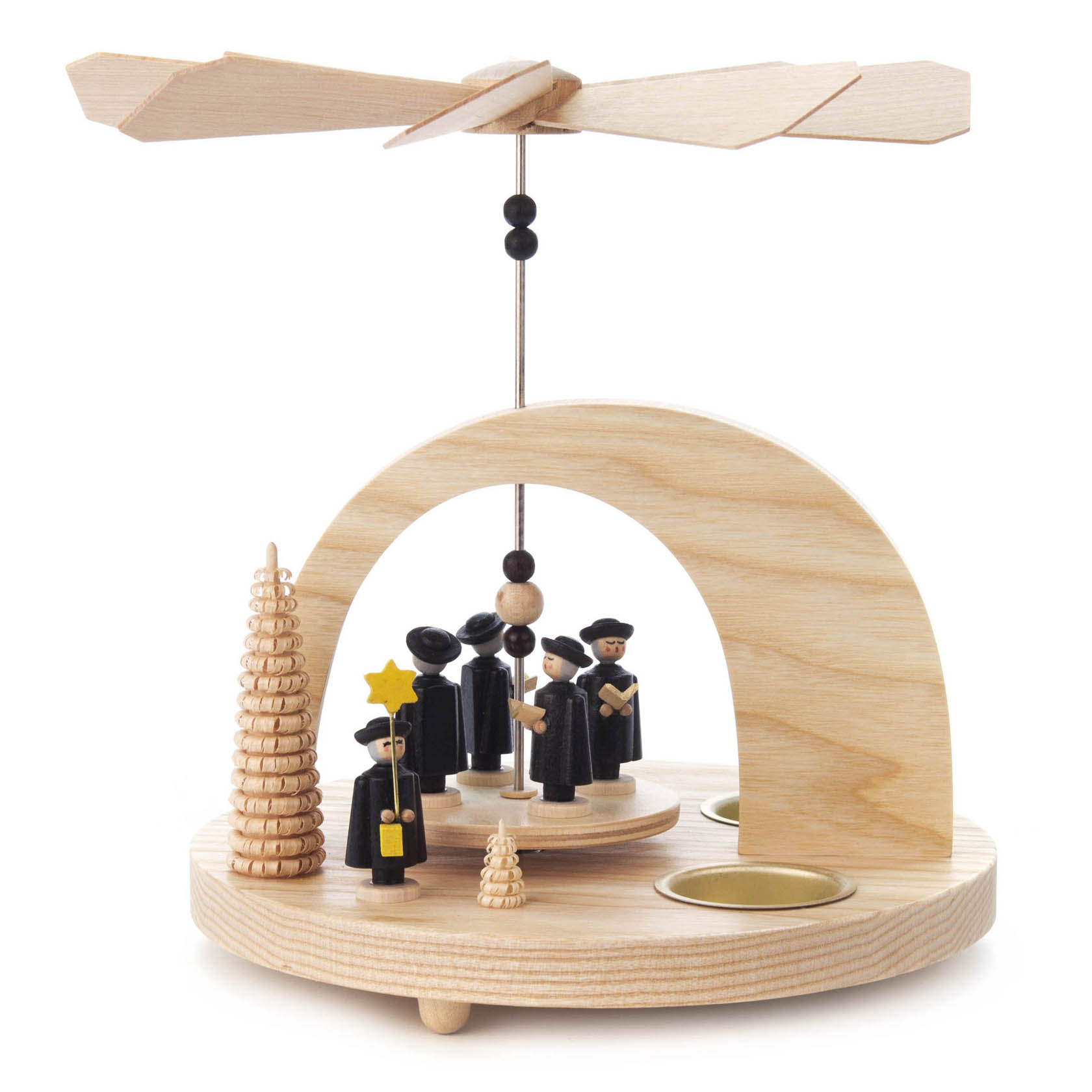 Holzpyramide mit vier Kurrendefiguren und einer Rundbogenkonstruktion. Sie besitzt Ablagen für Teelichte und ein Rotorblatt auf der Oberseite. im Dregeno Online Shop günstig kaufen