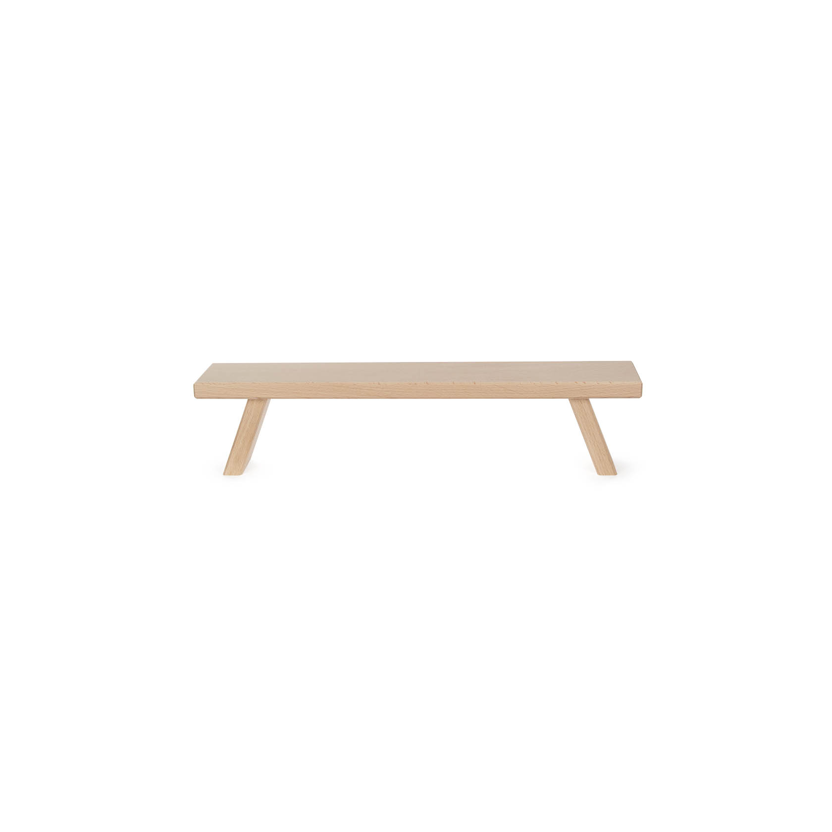 Eine schlichte, naturfarbene Holzbank in Schwibbogenform mit 45 cm Länge und zwei schräg gestellten Beinen. im Dregeno Online Shop günstig kaufen