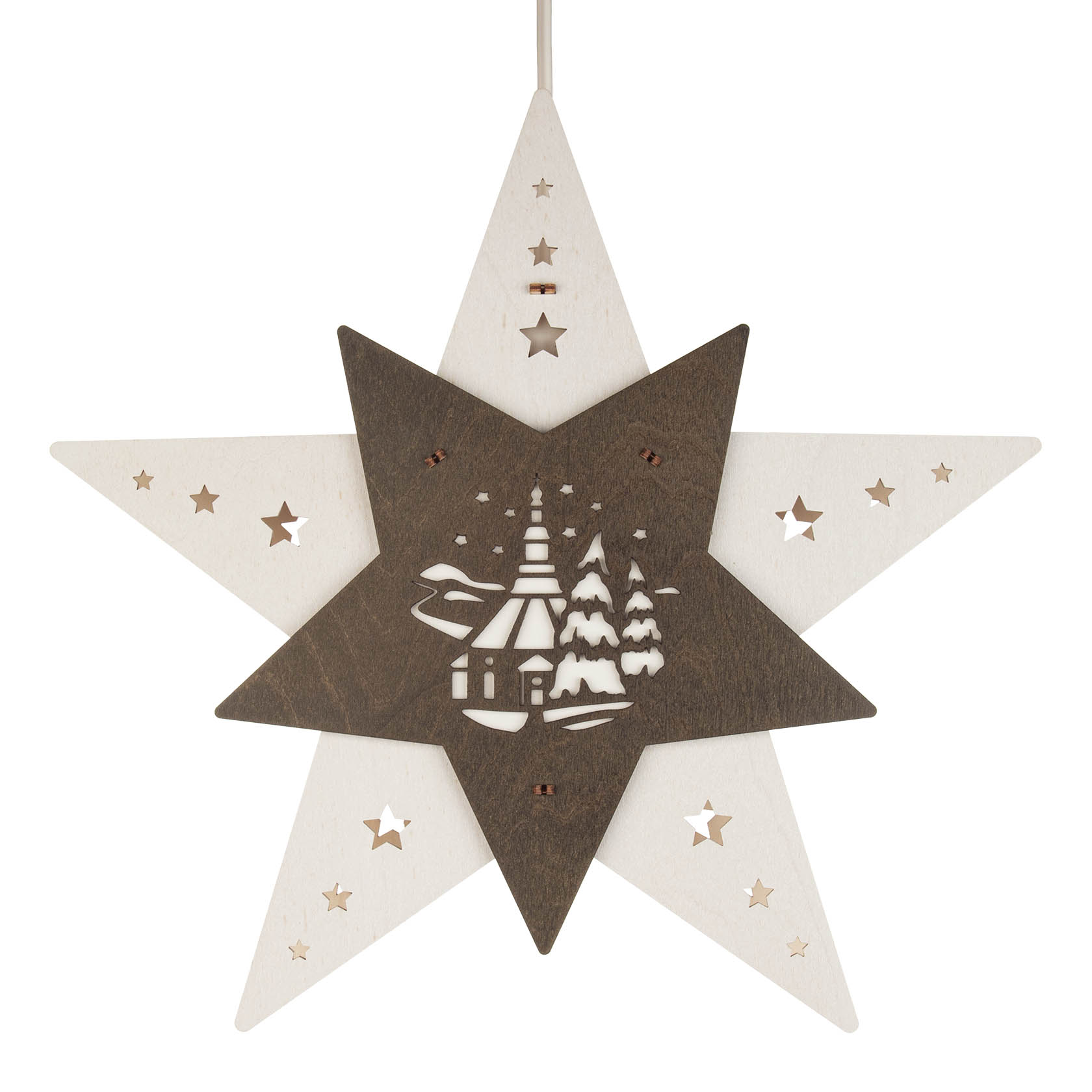 Leuchtender Stern mit Szene der Seiffener Kirche im Zentrum, umgeben von Bäumen, mit weißen LED-Lichtern und ausgestanzten Sternen. im Dregeno Online Shop günstig kaufen
