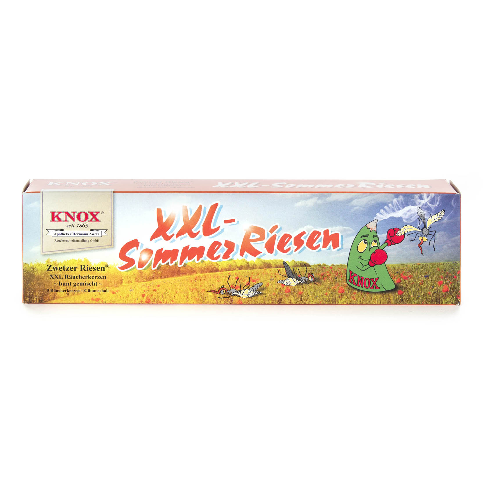 Box of KNOX XXL Summer Giants incense cones with playful cartoon design and colorful meadow background.