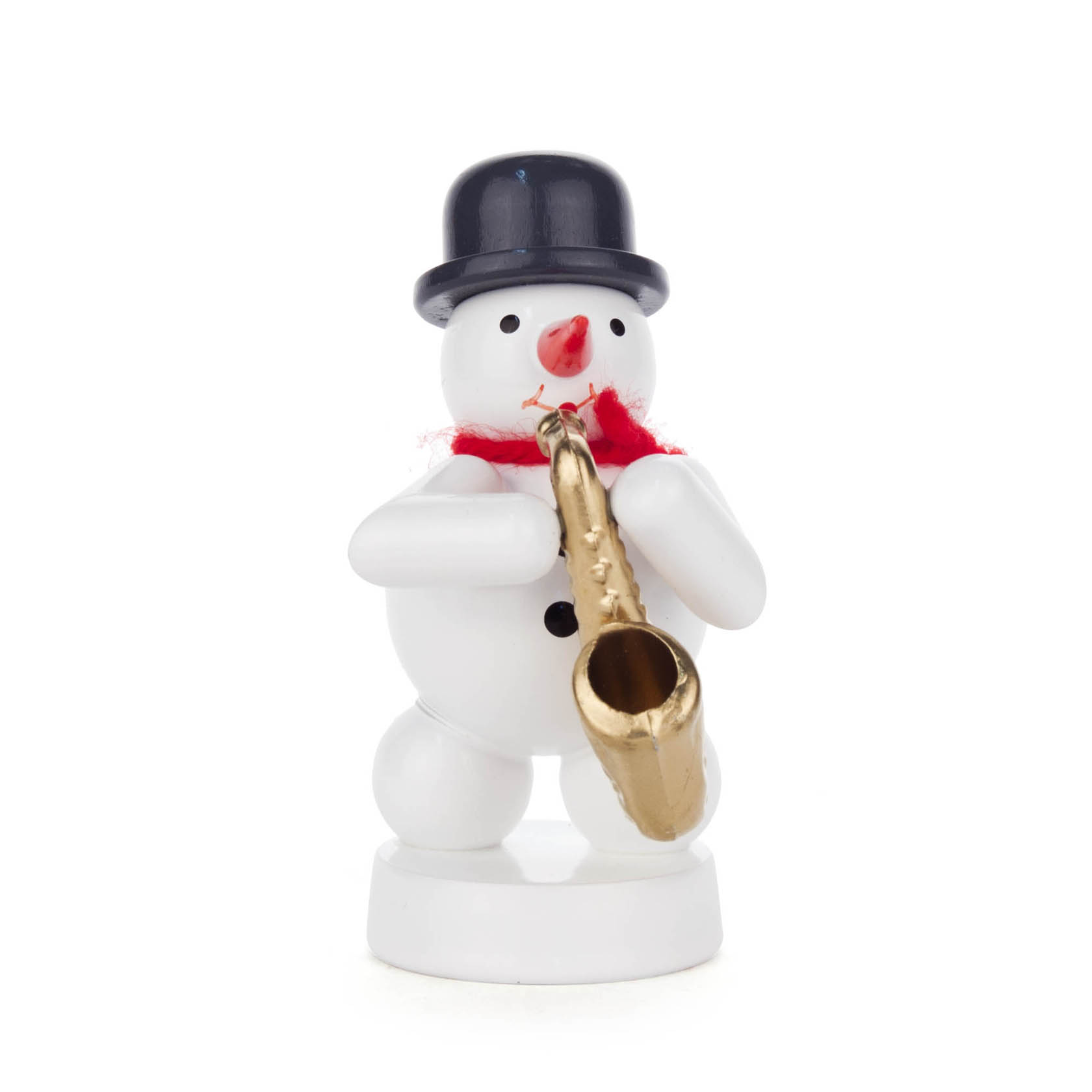 Ein Schneemann mit schwarzem Zylinder und rotem Schal spielt ein goldenes Saxophon. im Dregeno Online Shop günstig kaufen
