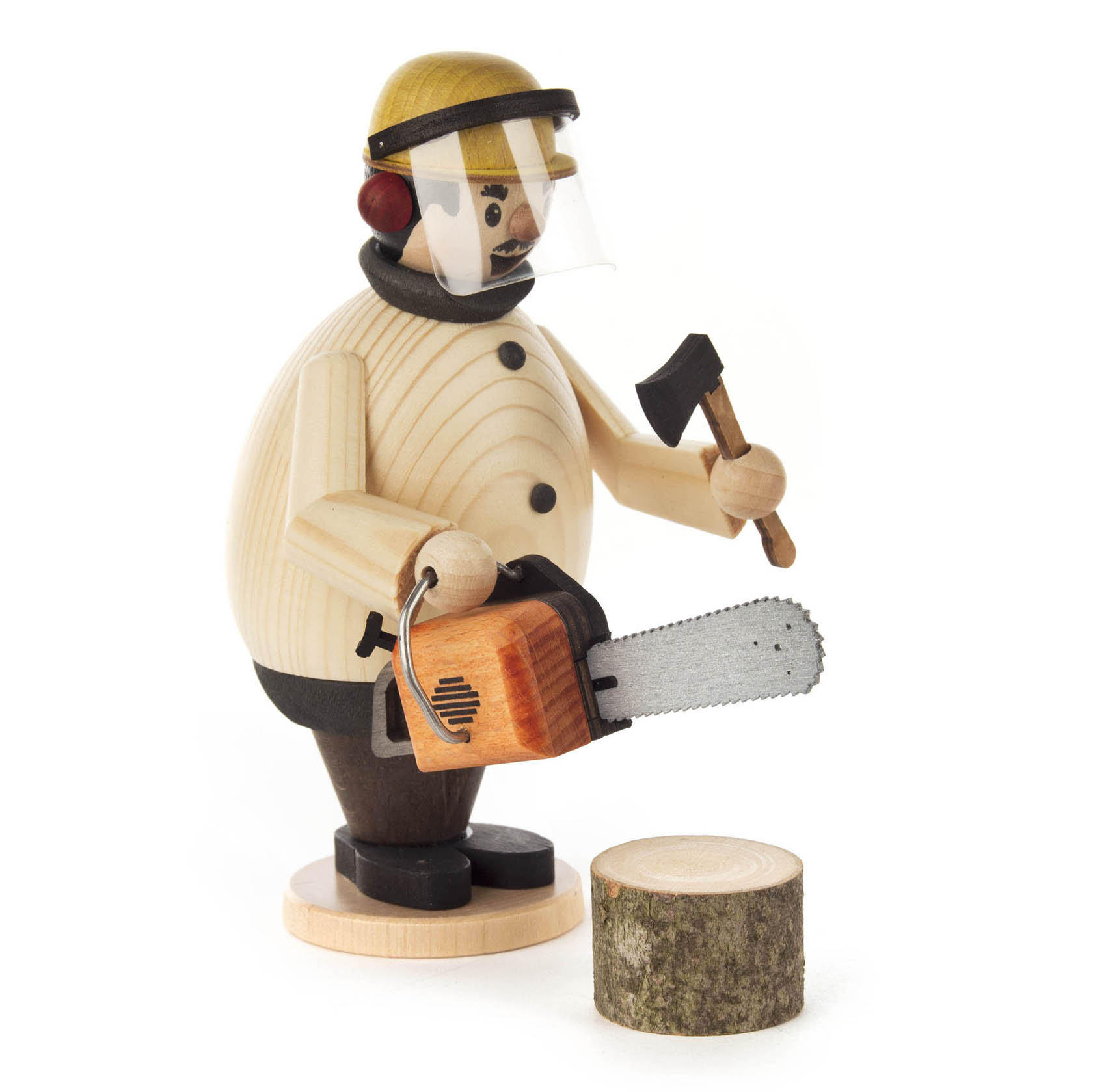 Wooden incense smoker figurine of a man holding a chainsaw and an axe, wearing a helmet and protective face shield, standing next to a tree stump. im Dregeno Online Shop günstig kaufen