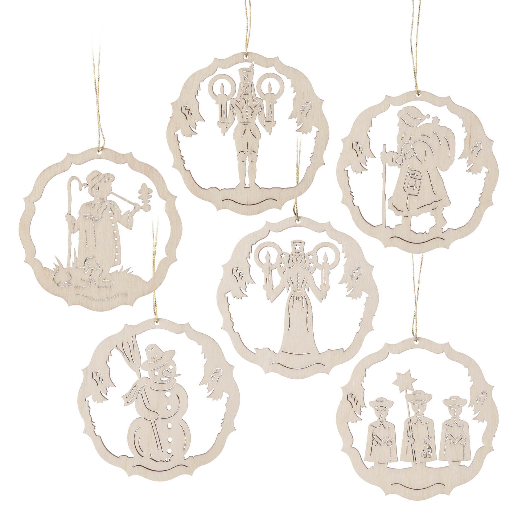 Six wooden Christmas ornaments featuring different festive figures, including snowmen, nutcrackers, shepherds, and children holding stars, each carved within a circular frame. im Dregeno Online Shop günstig kaufen
