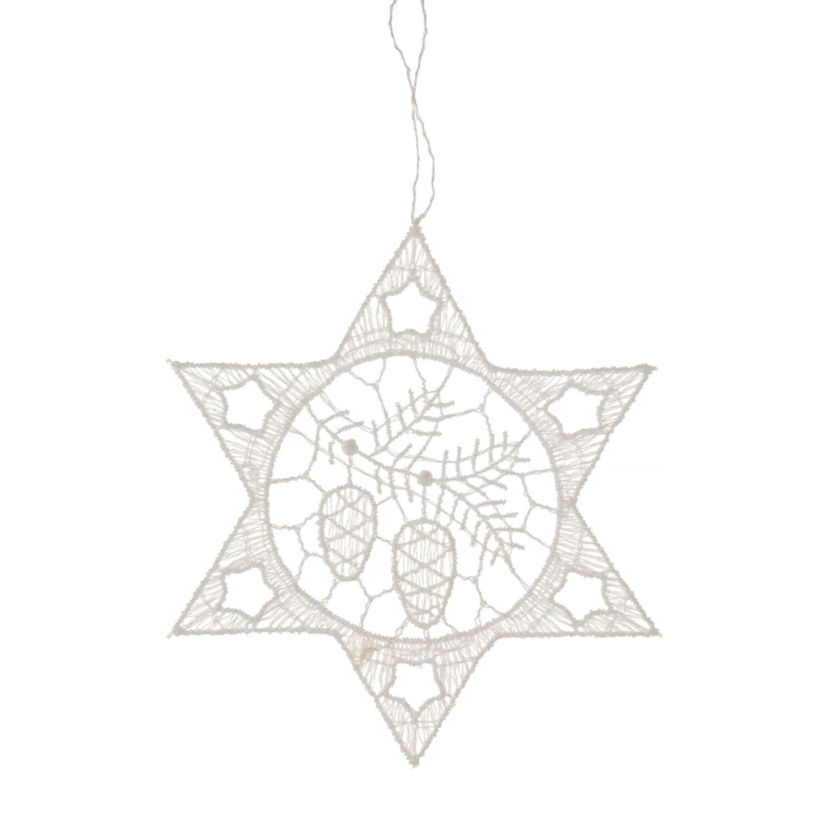 Ein dekorativer Stern aus Plauener Spitze mit einem zentralen Motiv aus zwei Tannenzapfen und umliegenden Tannenzweigen. im Dregeno Online Shop günstig kaufen