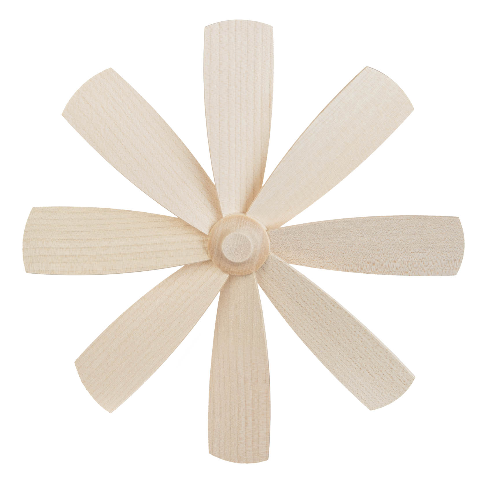 Holzflügelrad mit acht blattförmigen Flügeln gleichmäßig um eine zentrale Achse angeordnet. Das Rad hat eine natürliche Holzfarbe. im Dregeno Online Shop günstig kaufen