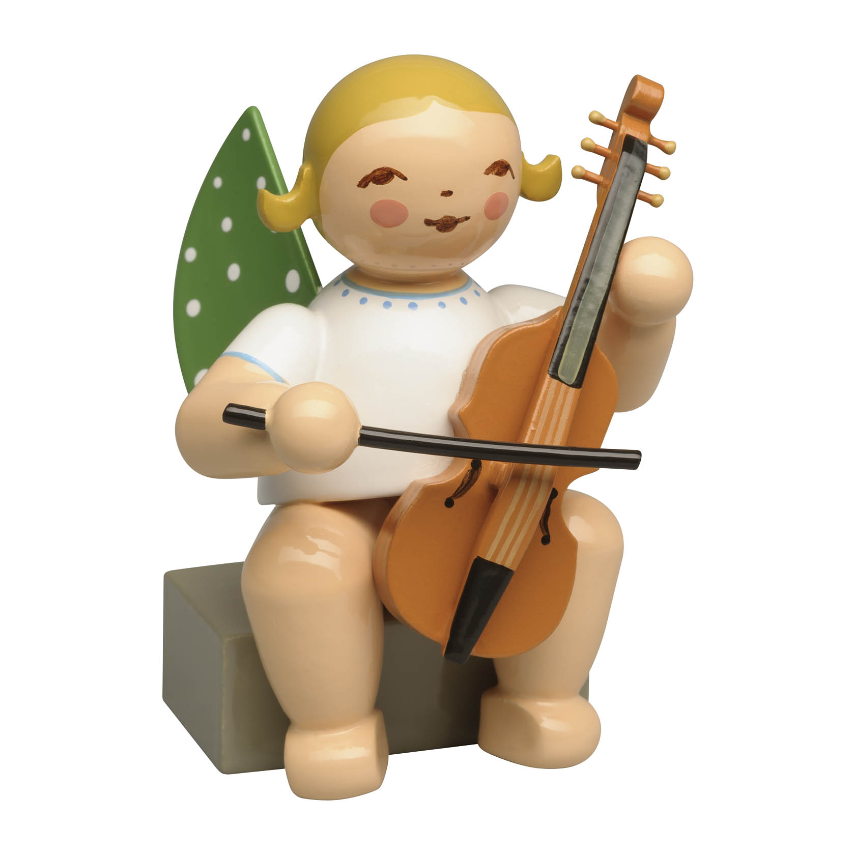 Holzengel mit grünen Flügeln und weißen Punkten sitzt auf einem grauen Würfel und spielt eine Viola da Gamba. im Dregeno Online Shop günstig kaufen
