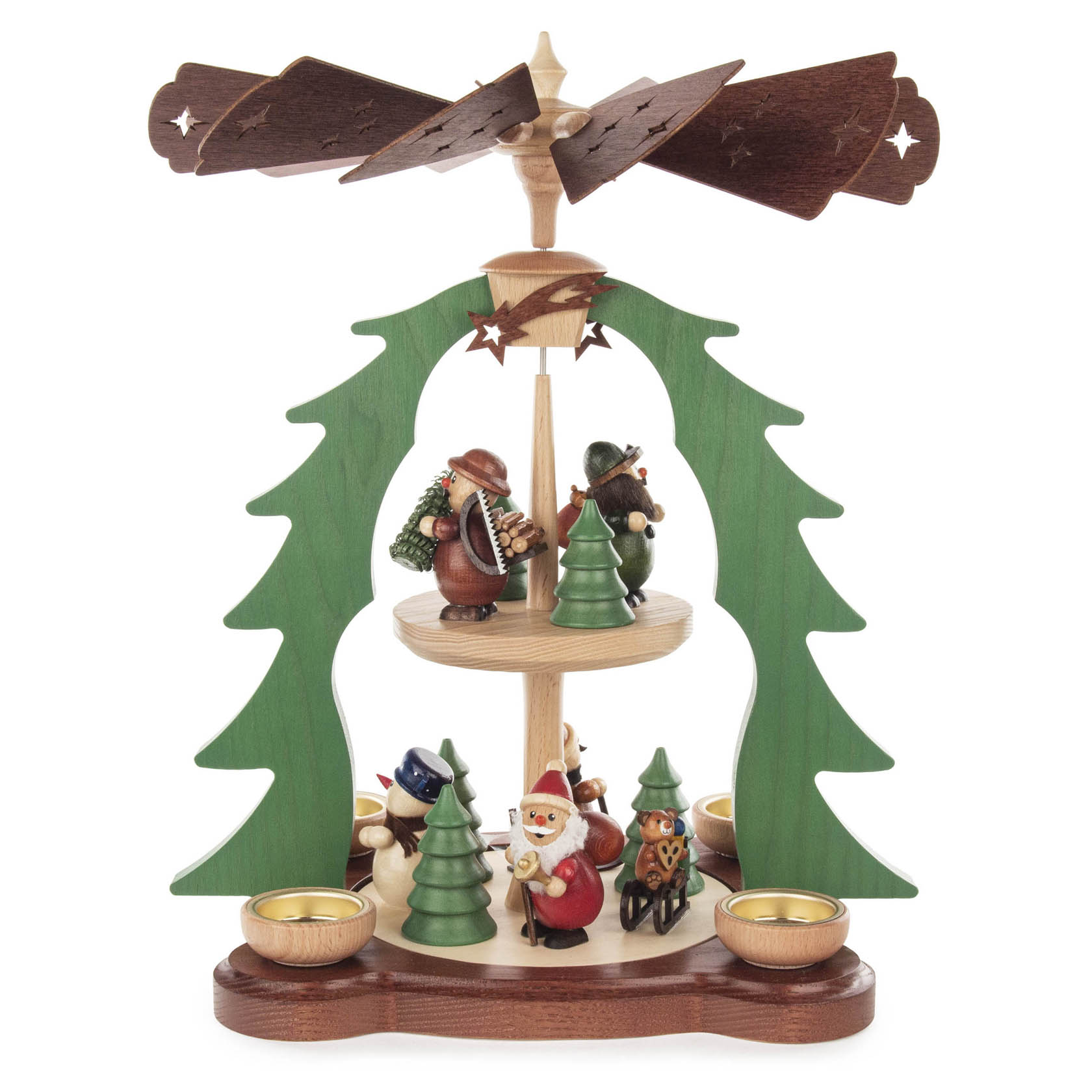 Zweistufige, farbige Weihnachtspyramide für Teelichter mit Holzfiguren, darunter Weihnachtsmann und Musiker, umgeben von Tannenbaum-Formen. im Dregeno Online Shop günstig kaufen