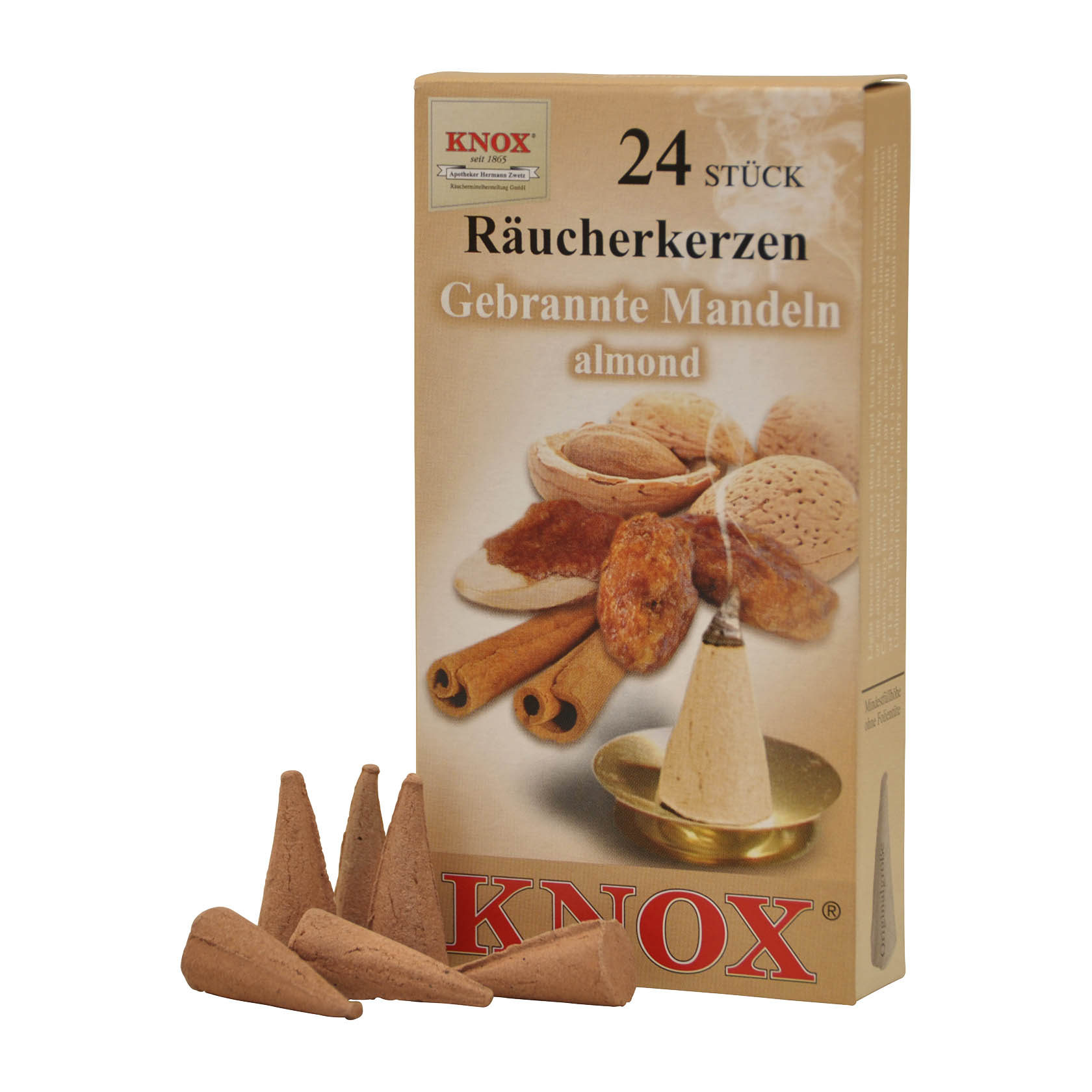 Verpackung von KNOX Räucherkerzen mit 24 Stück, Geschmacksrichtung gebrannte Mandeln, begleitet von zwei Kegelkerzen und Rauch. im Dregeno Online Shop günstig kaufen