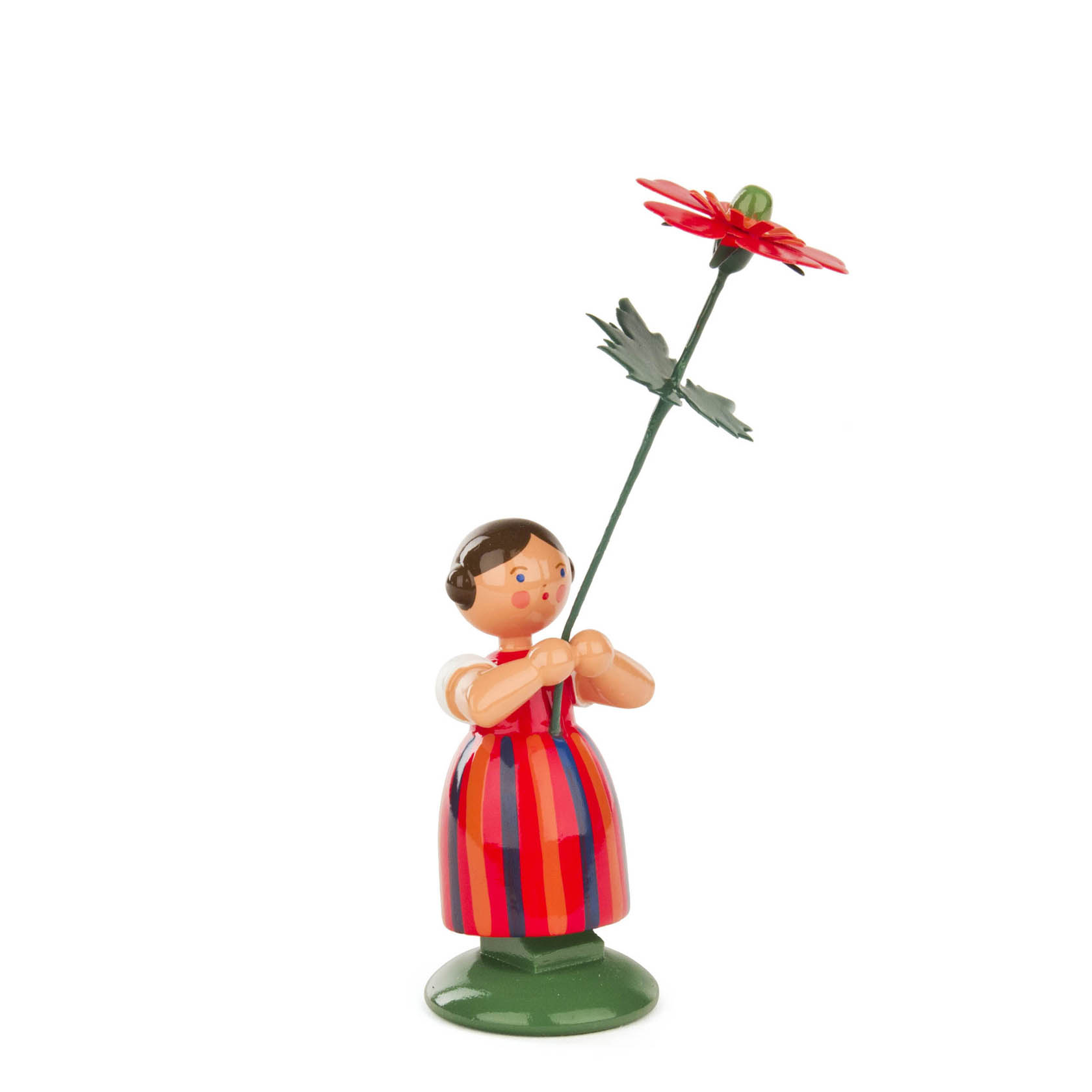Holzfigur eines Mädchens in rotem Kleid mit Streifen, das eine große, rote Geum-Blume hält. im Dregeno Online Shop günstig kaufen