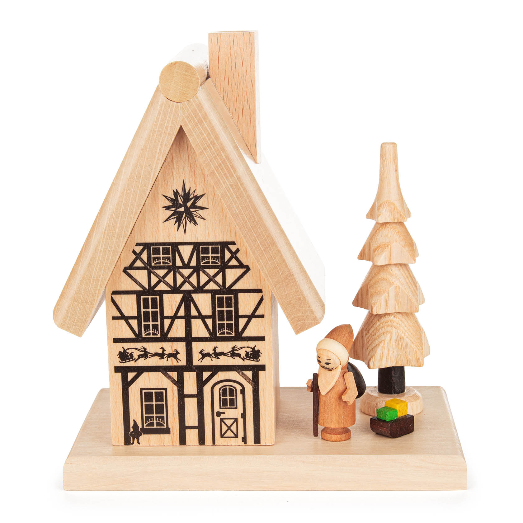 Räucherhaus in Form eines Weihnachtsmannhauses mit kaminartigem Schornstein, verziert mit winterlichen Motiven. Daneben steht eine kleine Weihnachtsmannfigur. im Dregeno Online Shop günstig kaufen