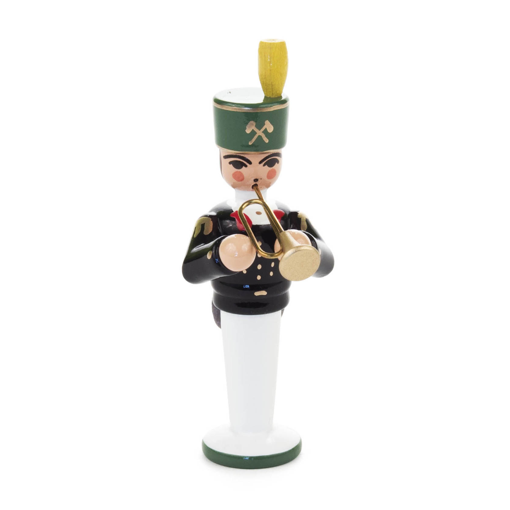 Holzfigur eines Bergmusikers mit grünem hohen Hut, gelber Feder und Trompete, in Bergmannsuniform mit schwarzen Ärmeln und weißem Sockel. im Dregeno Online Shop günstig kaufen