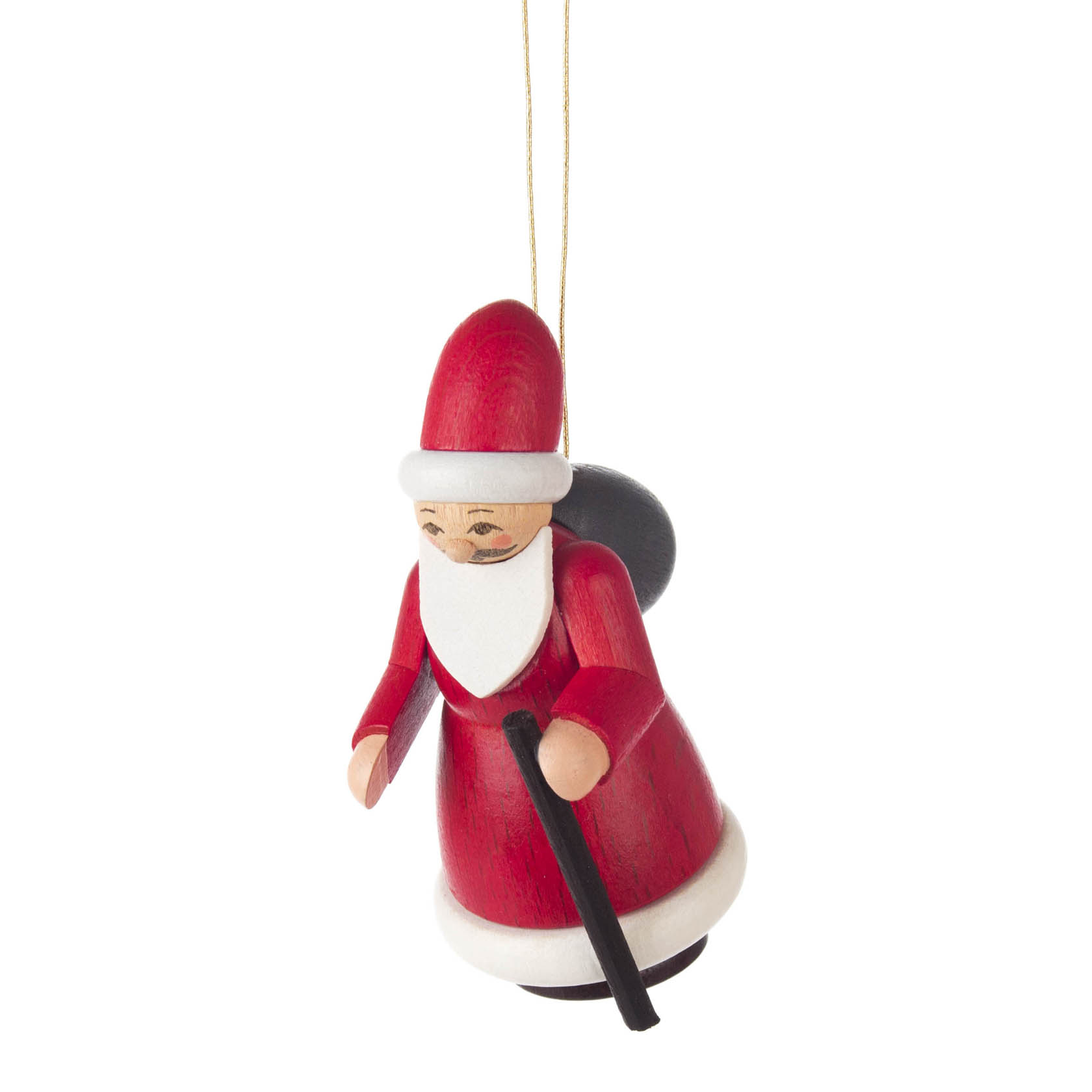 Holzfigur von Knecht Ruprecht in rotem Mantel mit weißem Bart, braunem Sack und schwarzem Stock, als Weihnachtsschmuck gestaltet. im Dregeno Online Shop günstig kaufen