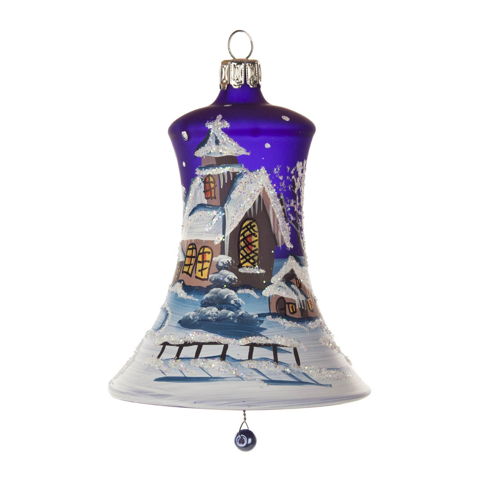 Blaue, matte Weihnachtsglocke aus Thüringen, 8 cm groß, mit einem winterlichen Dorfmotiv bemalt. im Dregeno Online Shop günstig kaufen