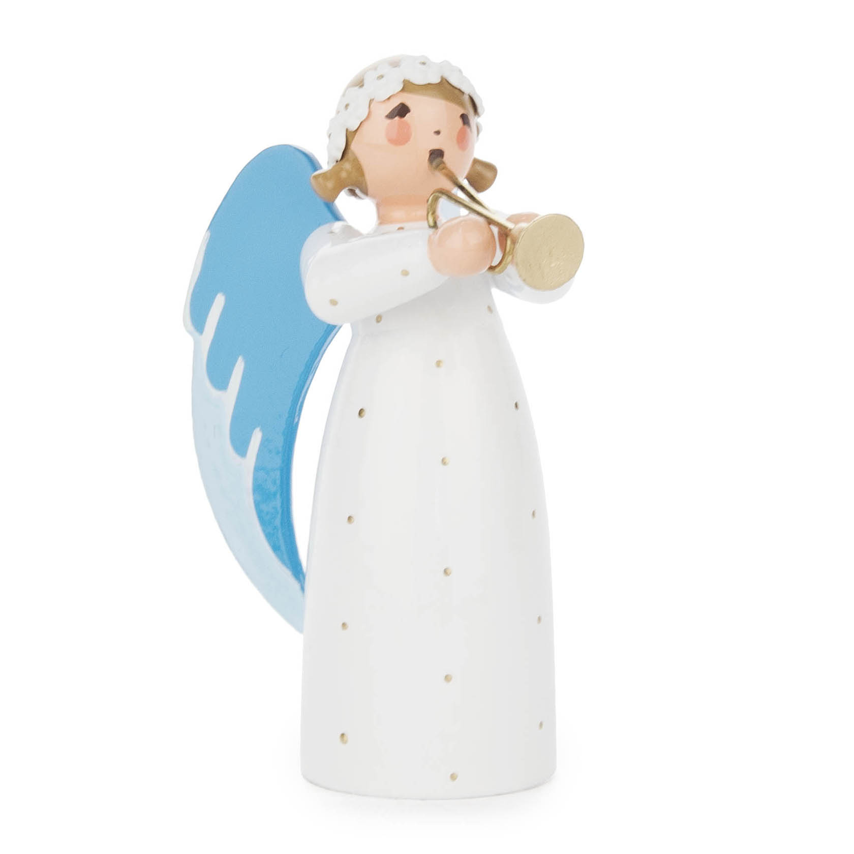 Eine figurierte Engelstatue, die eine Trompete in den Händen hält. Der Engel trägt ein weißes Gewand mit goldenen Punkten und hat blaue Flügel. im Dregeno Online Shop günstig kaufen