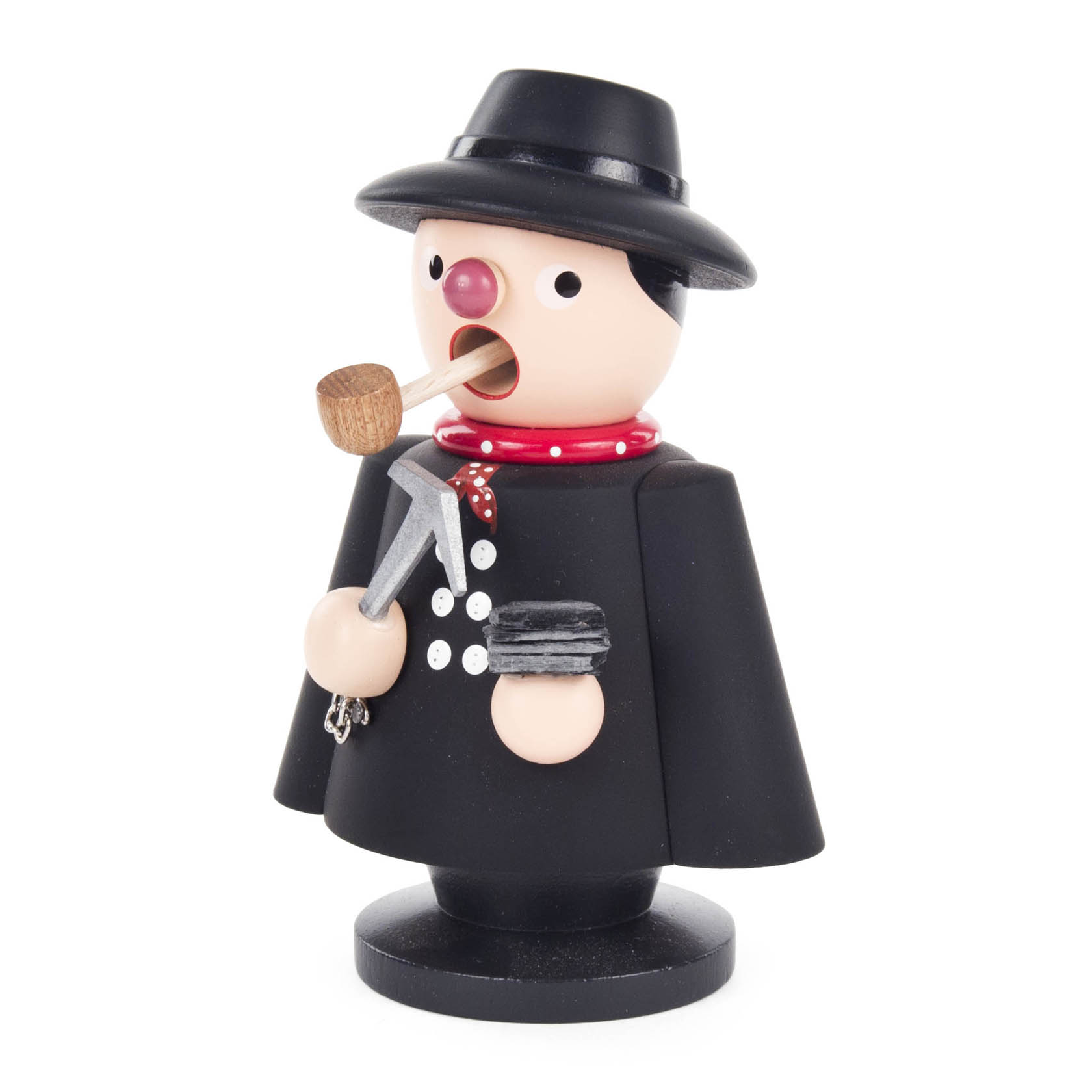Ein Räuchermann in Form eines Schieferdeckers mit schwarzem Hut, Pfeife im Mund und Hammer in der Hand. Er trägt ein schwarzes Gewand mit roten Akzenten. im Dregeno Online Shop günstig kaufen