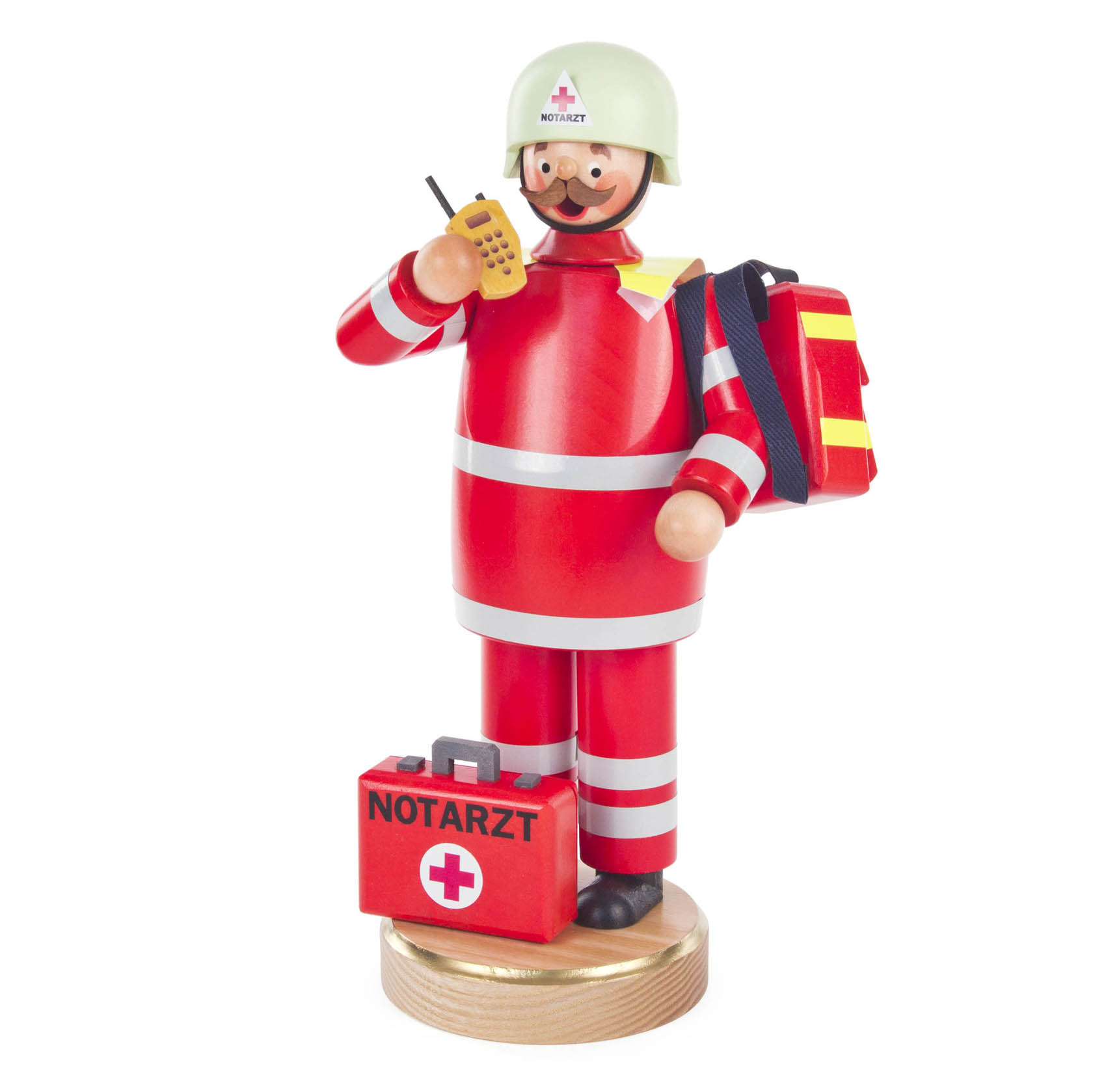 A wooden incense figure of an emergency doctor with a helmet, holding a radio and medical bag, wearing a red uniform with reflective stripes. im Dregeno Online Shop günstig kaufen