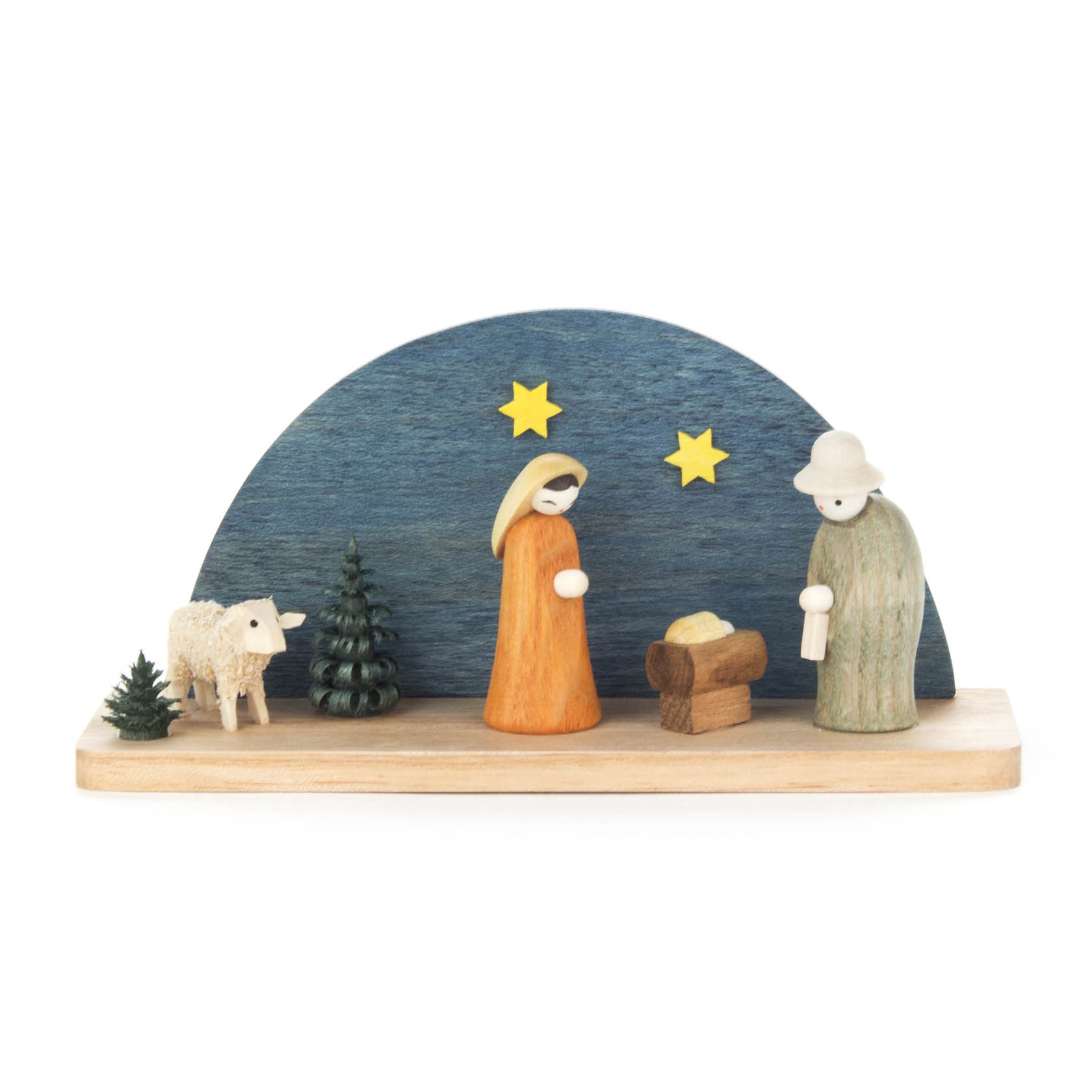 Eine Miniatur-Krippe mit Figuren von Maria, Josef, dem Jesuskind in der Krippe, einem Schaf und zwei Bäumen. Zwei Sterne leuchten im Hintergrund. im Dregeno Online Shop günstig kaufen