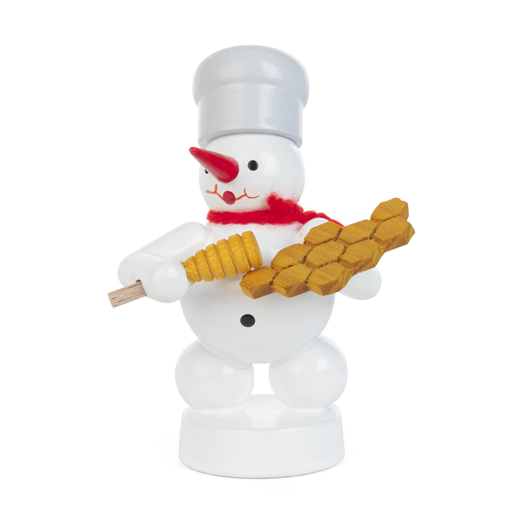 A wooden snowman figurine dressed as a baker, wearing a chef's hat and red scarf, holding a honeycomb and a wooden beehive. im Dregeno Online Shop günstig kaufen