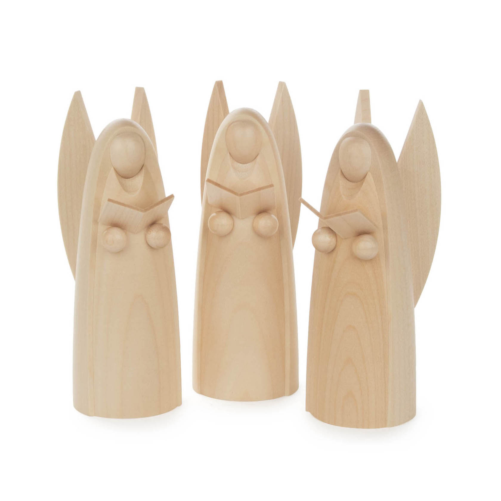 Three wooden angel figurines with simple, smooth features, each holding a book, representing singing or chanting. im Dregeno Online Shop günstig kaufen