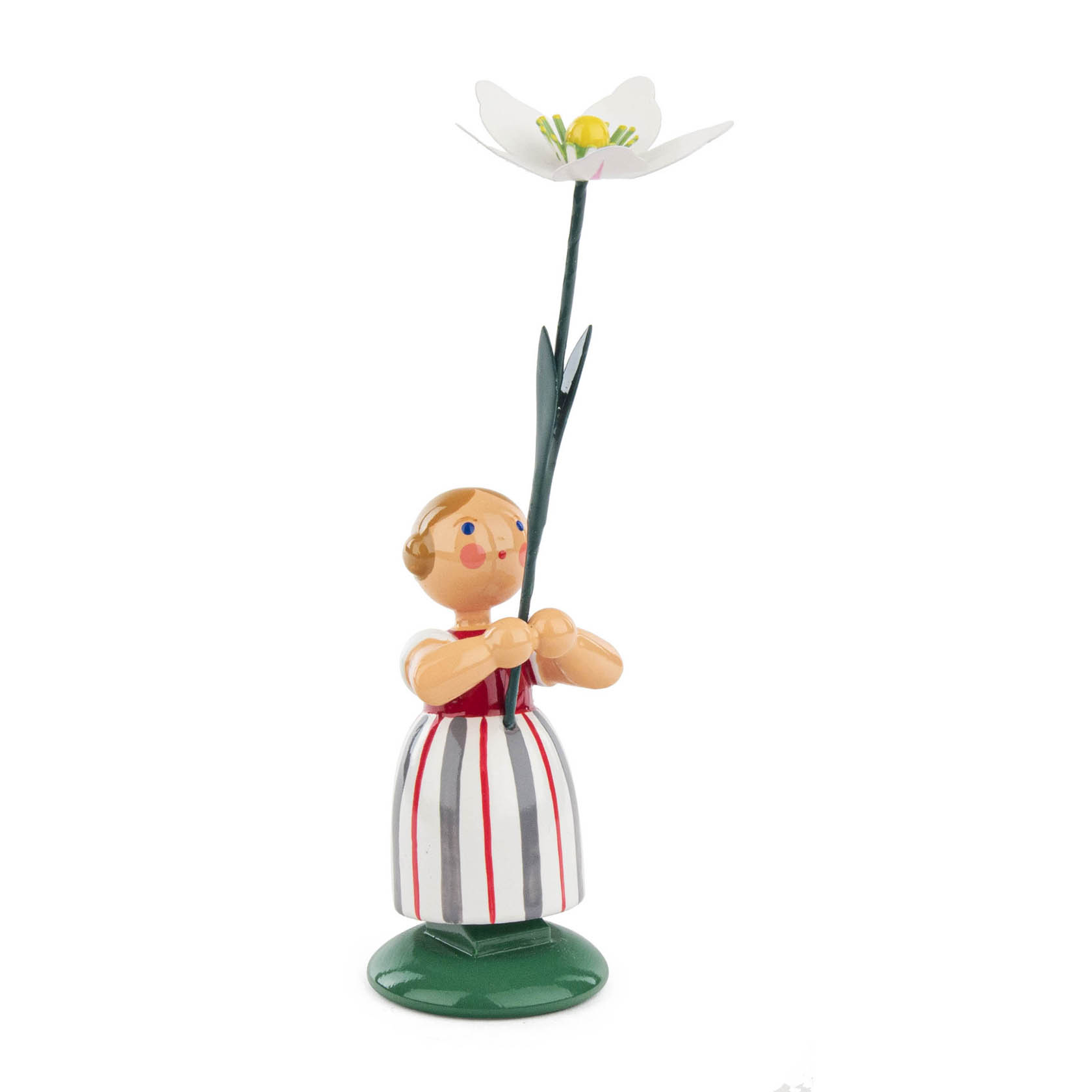 Holzfigur eines Blumenmädchens mit rot-weiß gestreiftem Kleid, das eine große weiße Christrose in beiden Händen hält. im Dregeno Online Shop günstig kaufen