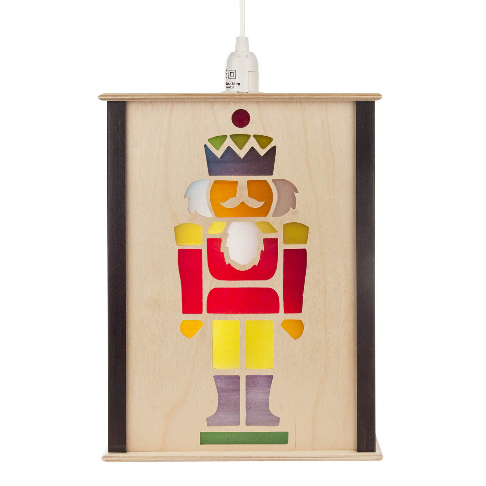 Eine Fensterlaterne mit einem bunten Nussknacker-Design aus Holz. Der Nussknacker hat ein weißes Gesicht, roten Körper und gelbe Beine. im Dregeno Online Shop günstig kaufen