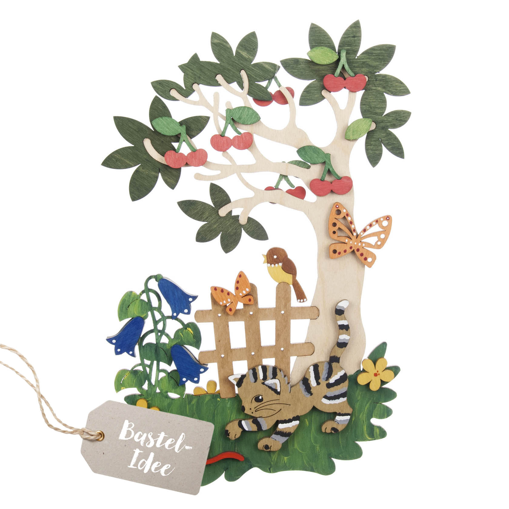 Craft set depicting a summer window picture of a tiger playing with yarn, flowers, a butterfly, and a bird in a tree with red fruits. im Dregeno Online Shop günstig kaufen