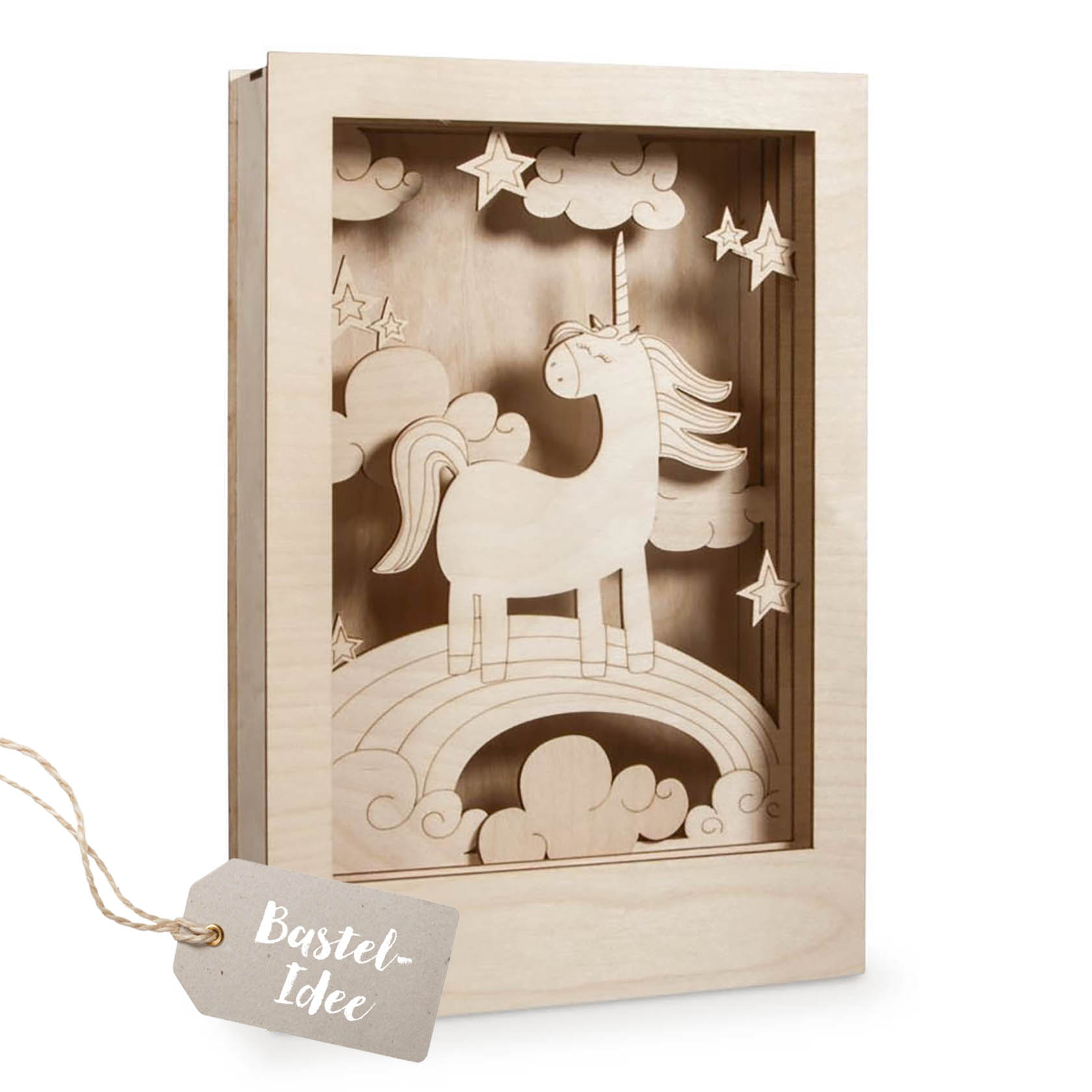 Holzbausatz eines Einhorns, bestehend aus 13 Teilen, in einem rechteckigen, hölzernen Rahmen mit Sternen, Wolken und Regenbogen. im Dregeno Online Shop günstig kaufen