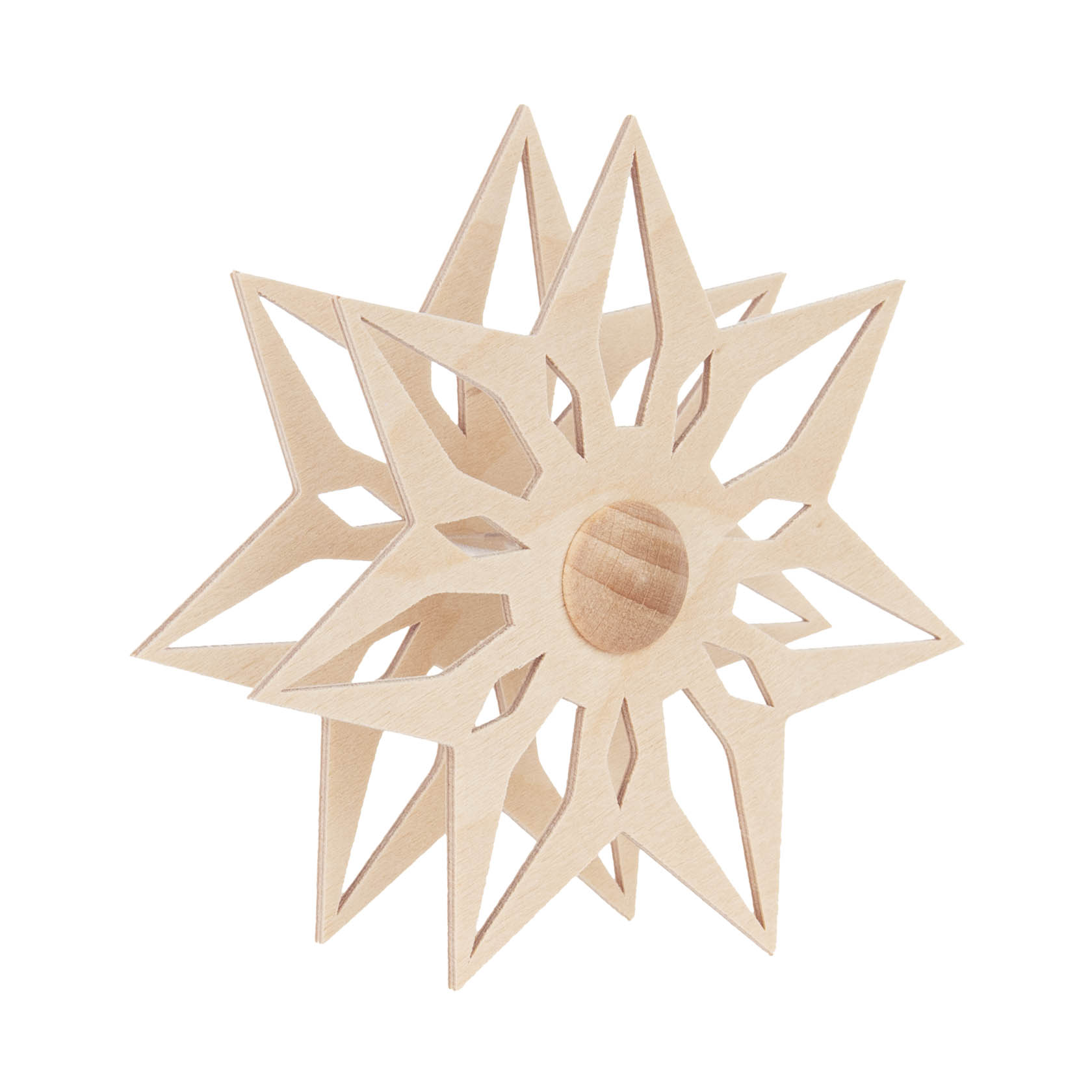 A wooden star ornament with intricate geometric cut-out patterns, featuring a layered 3D design.