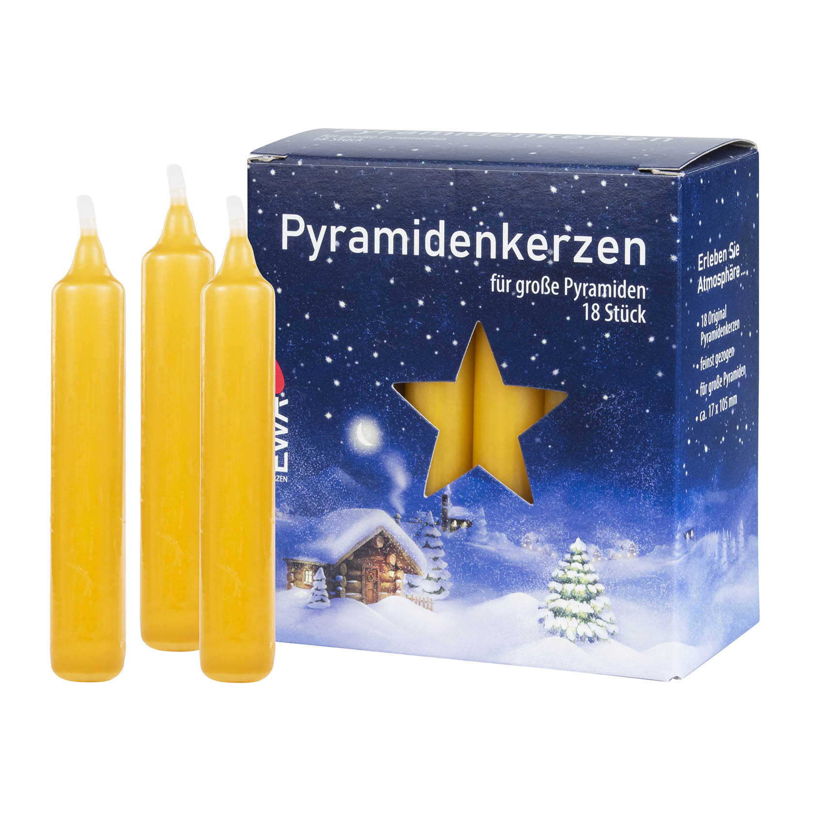 Zwei honigfarbene Pyramidenkerzen, 17mm, vor einer Verpackung mit Winterlandschaft und Sternen, die 18 Kerzen enthält. im Dregeno Online Shop günstig kaufen