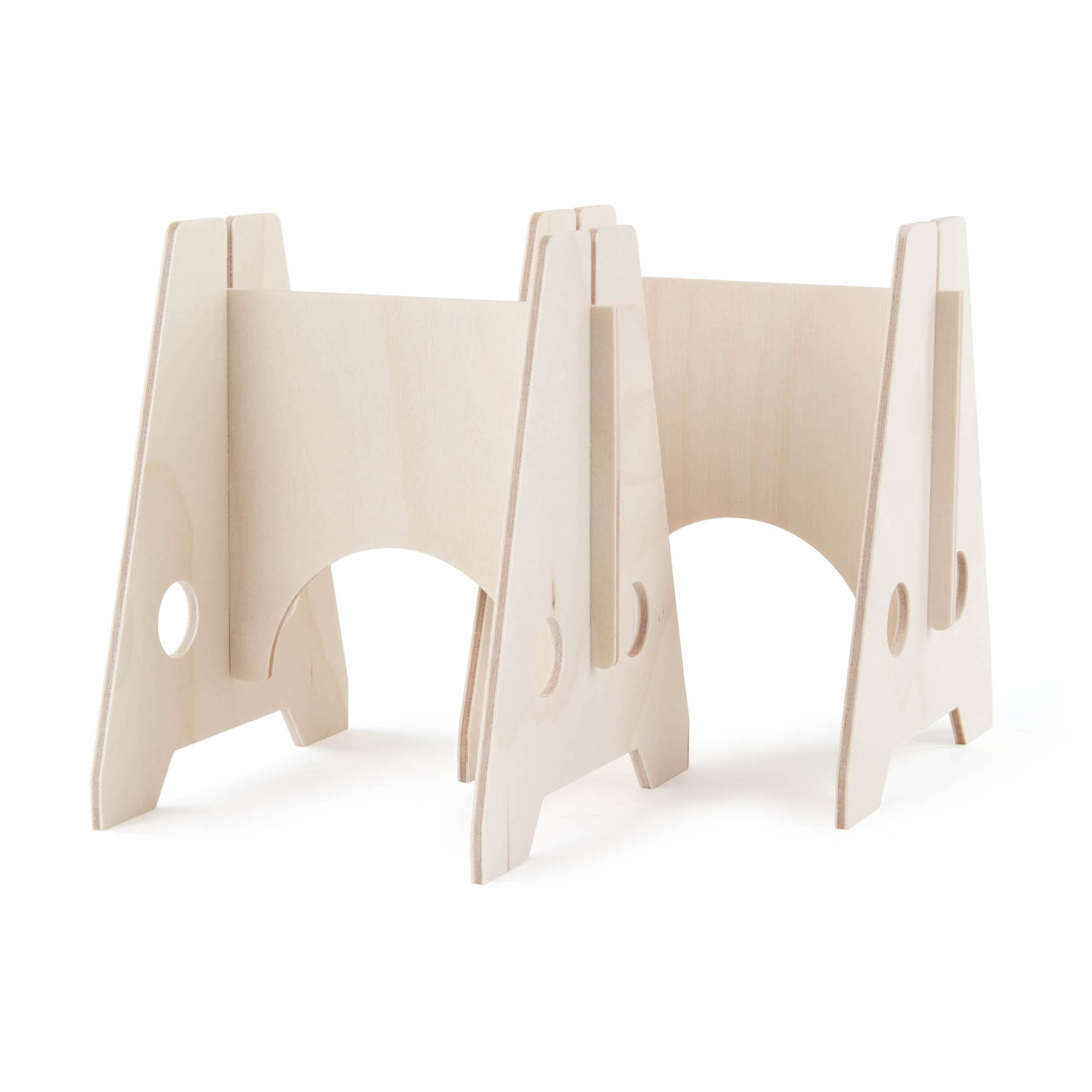 Two interlocking wooden Schwibbogen stands, each with a triangular shape and circular cut-outs, designed for supporting decorative arches. im Dregeno Online Shop günstig kaufen