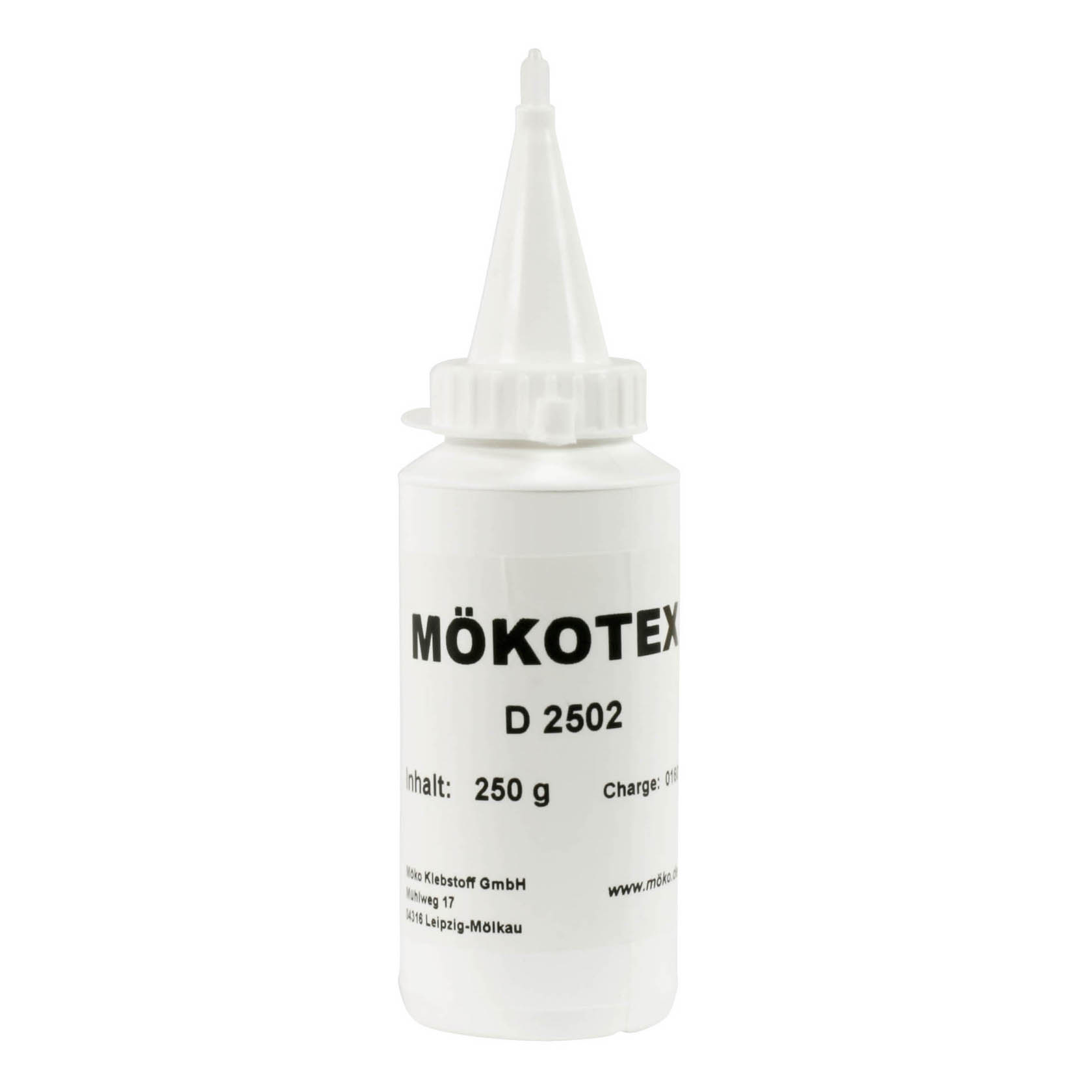 Weißes Röhrchen mit spitzer Spitze, mit der Aufschrift 'MÖKOTEX D 2502', 250ml und Inhalt: 250 g. im Dregeno Online Shop günstig kaufen