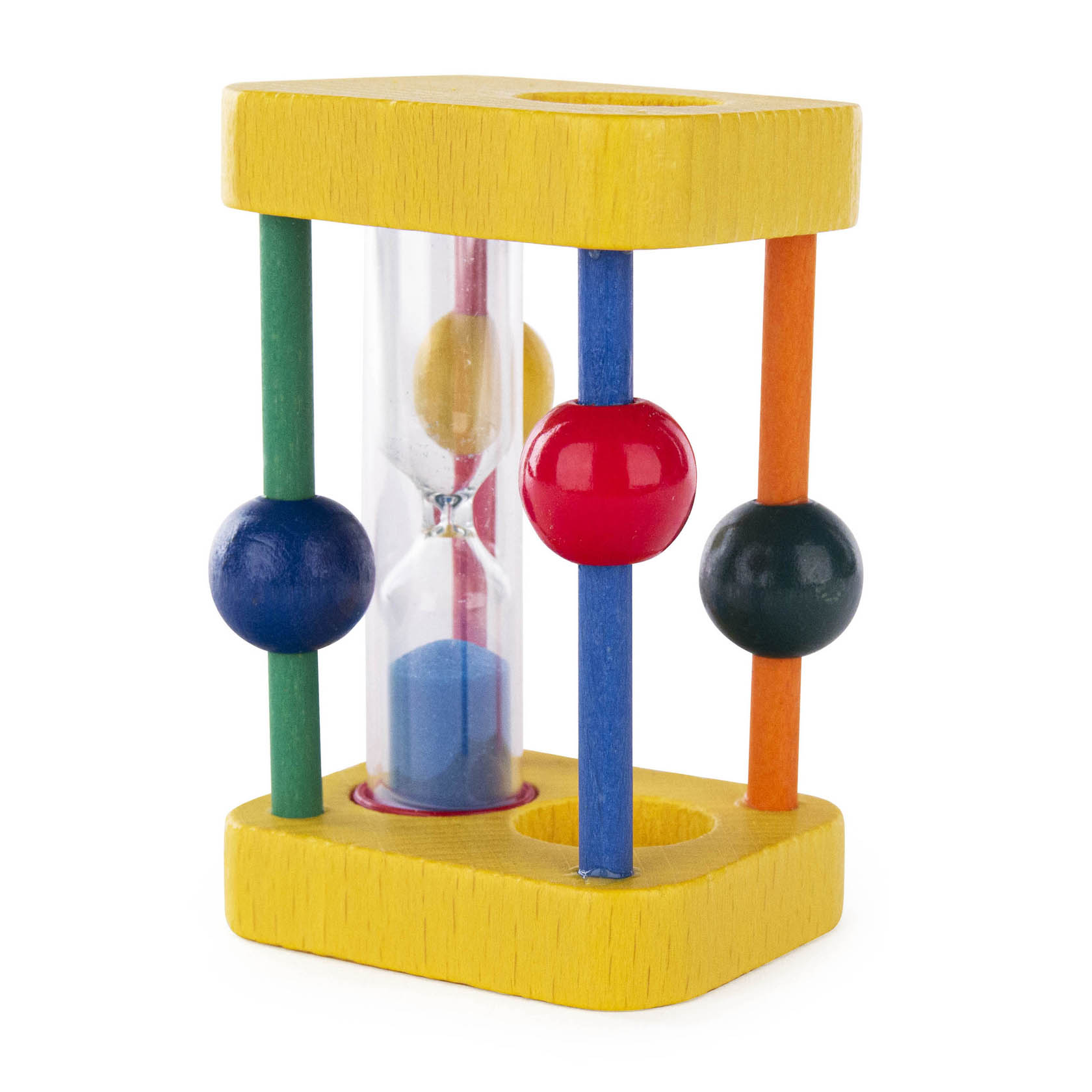 Ein bunter Zahnbürstenhalter aus Holz mit integrierter Sanduhr und farbigen, an Stangen befestigten Kugeln zur Unterstützung beim Zähneputzen. im Dregeno Online Shop günstig kaufen